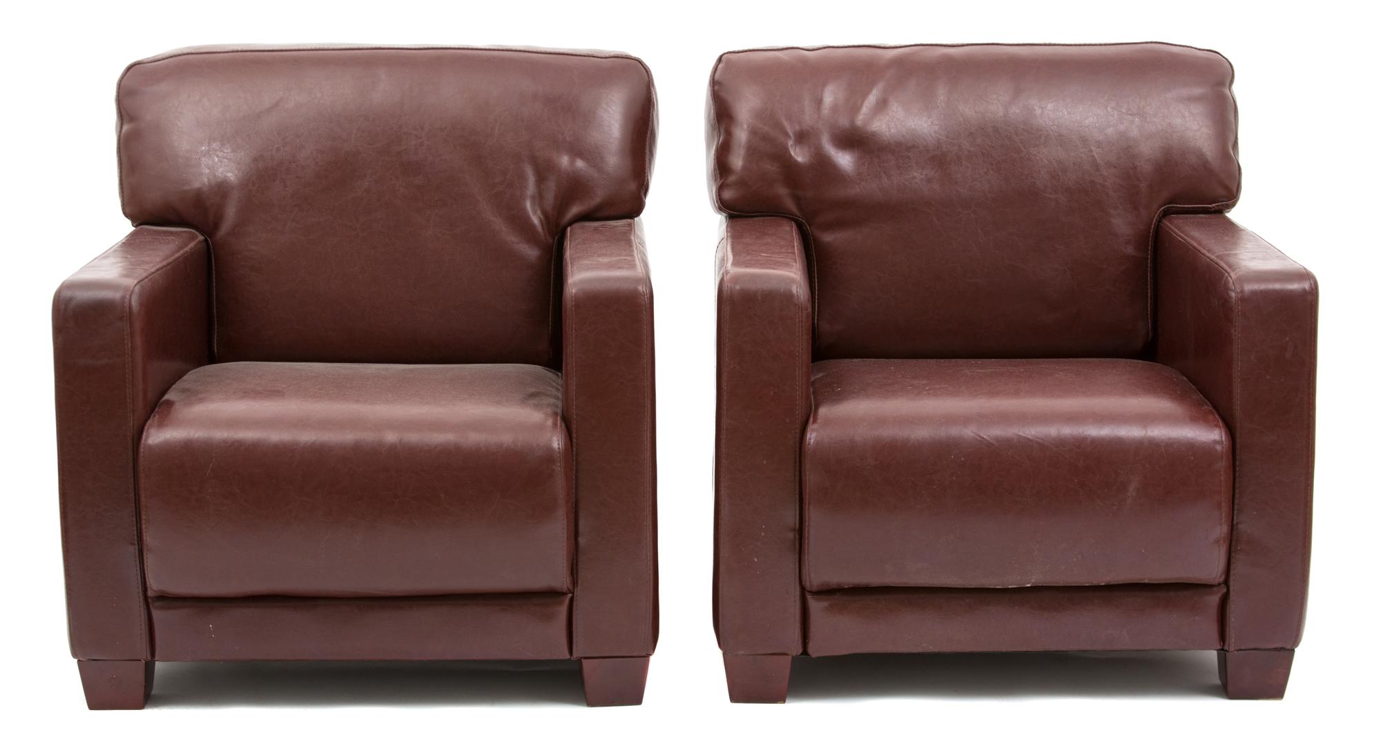 A Pair of Brown Leatherette Arm Chairs Height 32 7/8 x width 32 x depth 32 inches. — 20TH CENTURY