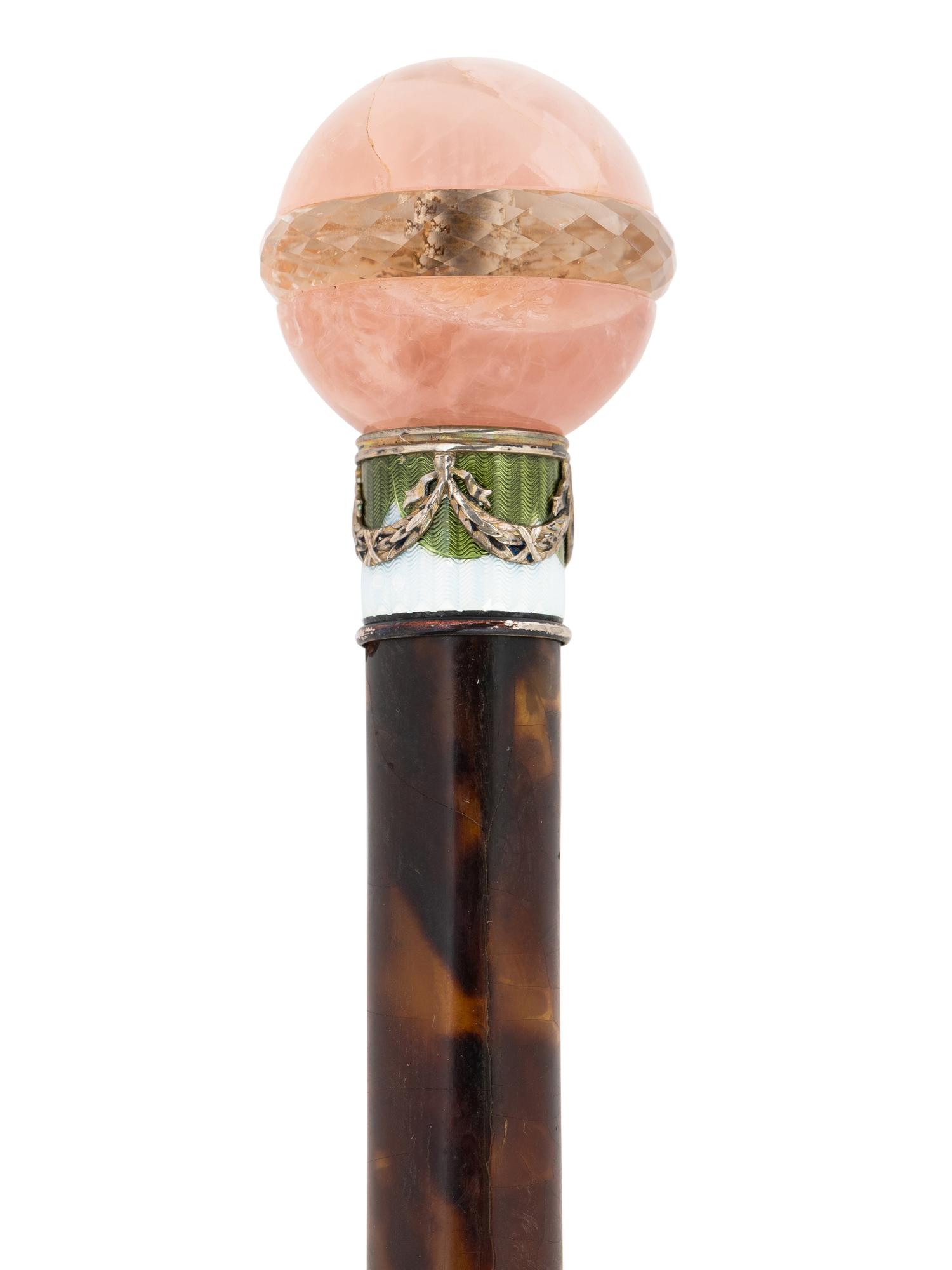 An Austrian Carved Hardstone, Tortoiseshell and Enameled Silver Parasol Handle