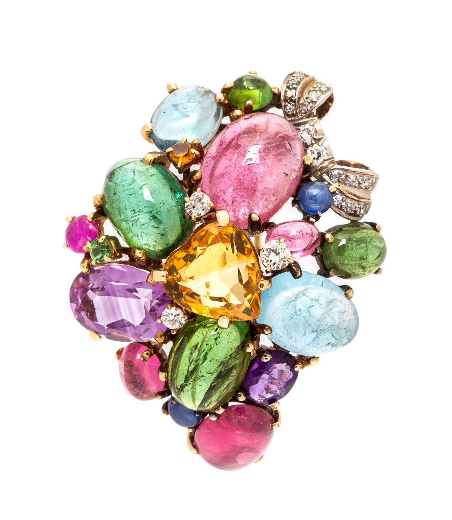A Platinum Topped Gold, Diamond and Multigem Pendant/Brooch, 17.30 dwts.