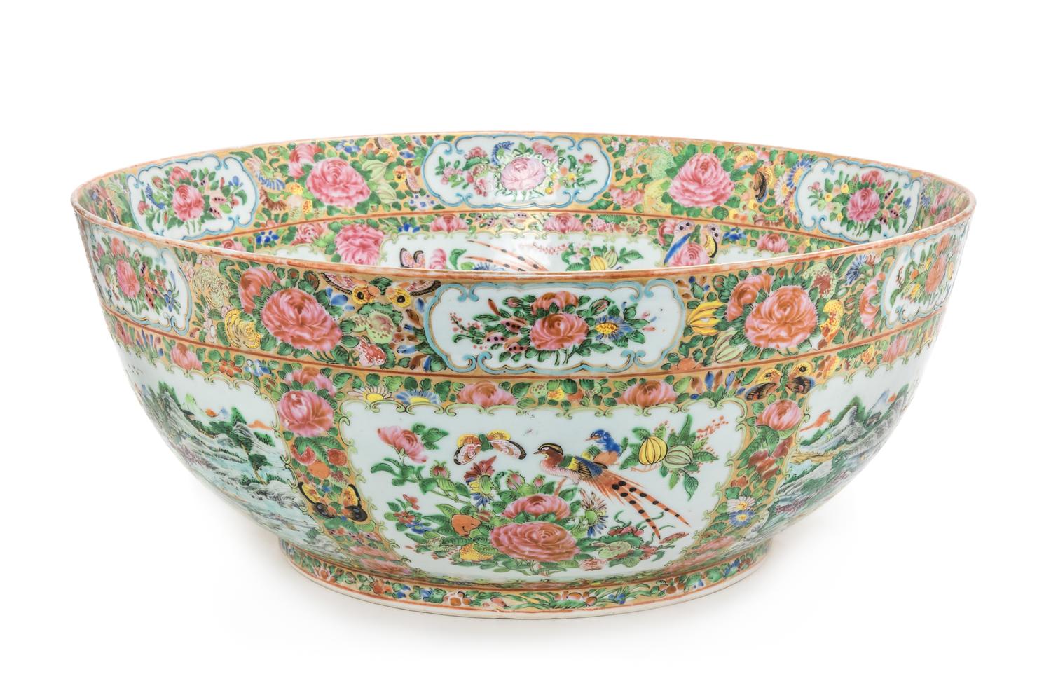A Large and Fine Chinese Export Rose Canton Porcelain Punch Bowl Diameter 18 1/8 inches. — EARLY 19TH CENTURY
