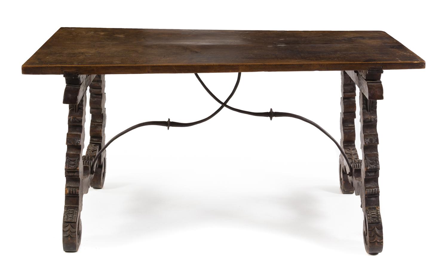 A Spanish Baroque Walnut Trestle Table Height 31 1/8 x width 60 1/2 x depth 33 3/8 inches. — 17TH CENTURY WITH LATER ELEMENTS