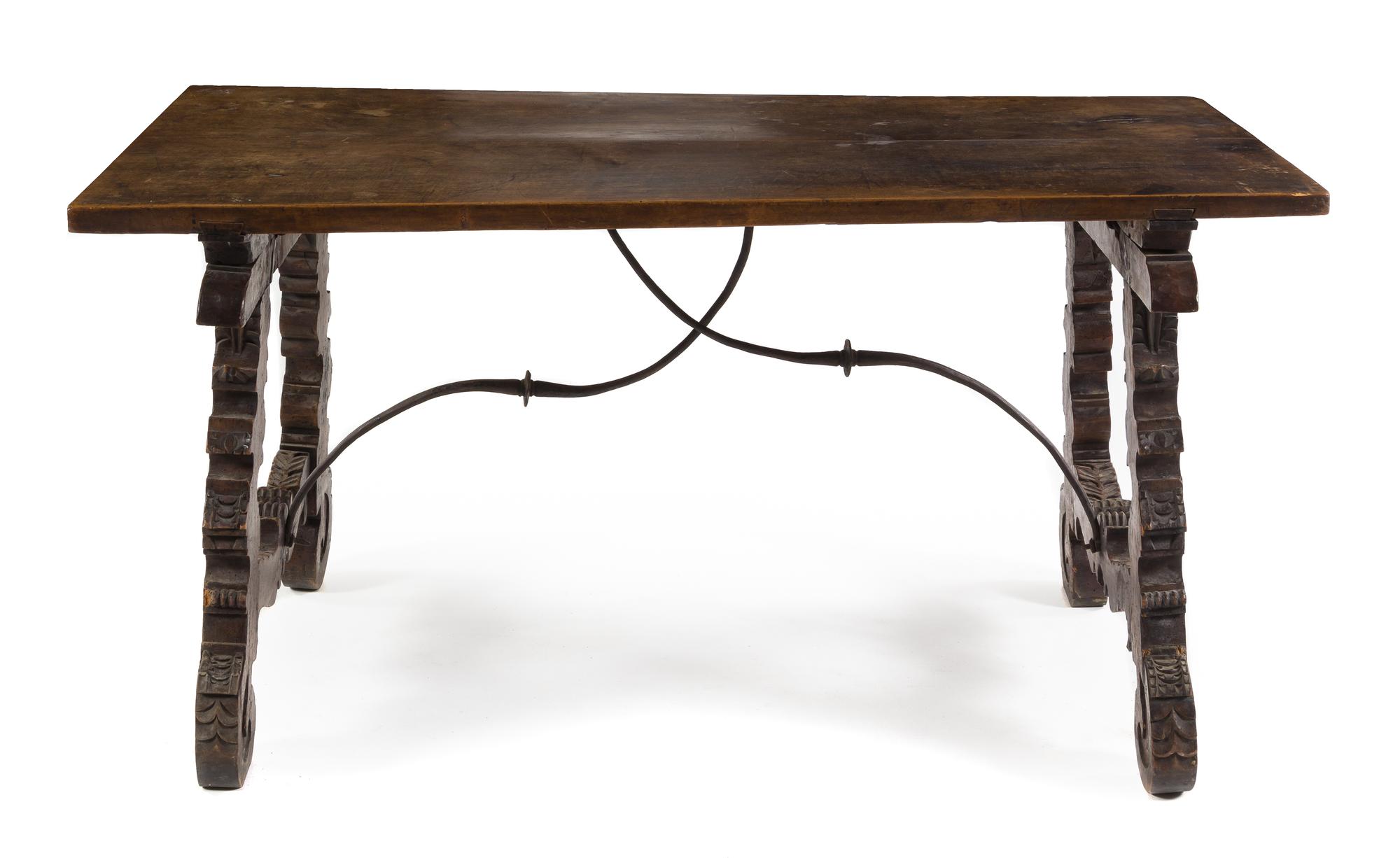 A Spanish Baroque Walnut Trestle Table Height 31 1/8 x width 60 1/2 x depth 33 3/8 inches. — 17TH CENTURY WITH LATER ELEMENTS