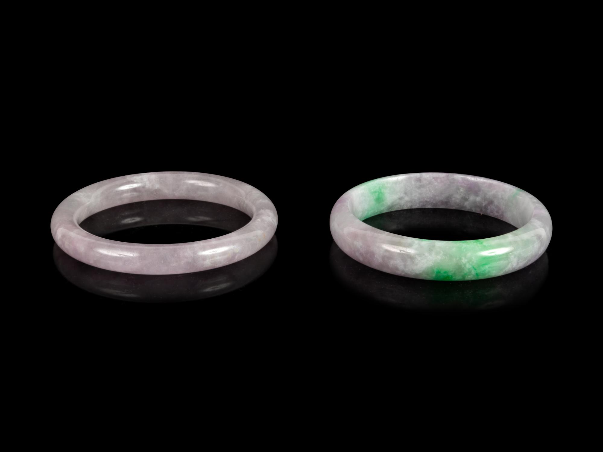 Two Chinese Lavender and Apple Green Jadeite Bangles