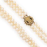 Cultured Pearl, Diamond, and Yellow Gold Necklace