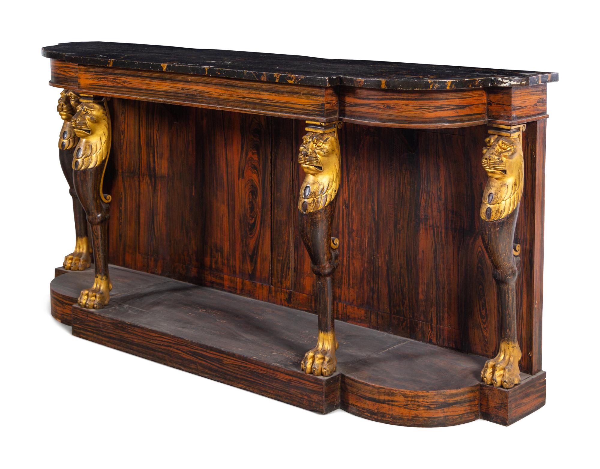 A Regency Style Grain-Painted and Parcel Gilt Faux Marble-Top Console Table