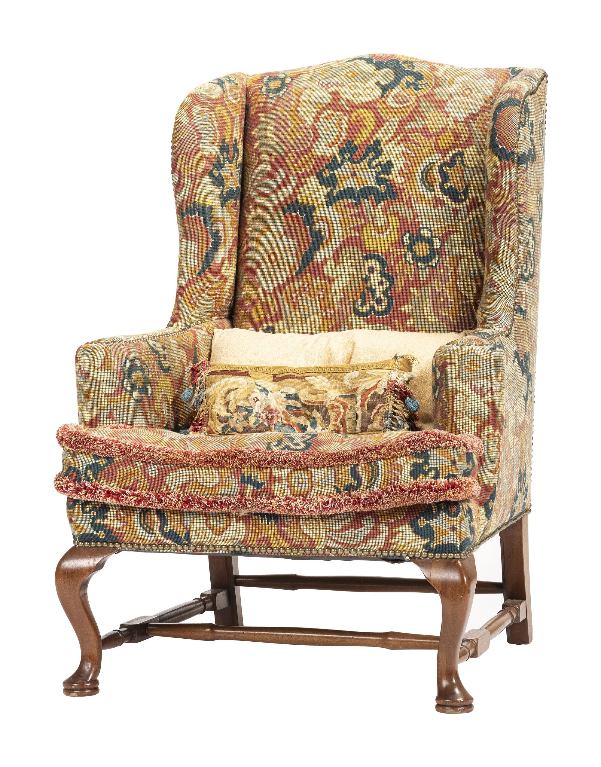 A Queen Anne-Style Mahogany and Upholstered Wingback Chair
