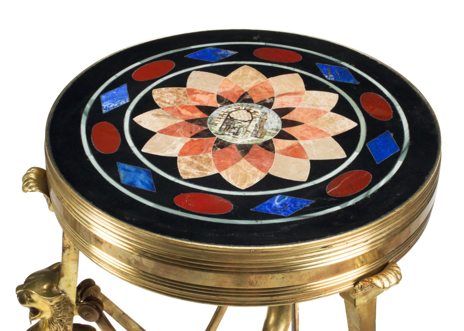 A Pair of French Neoclassical Style Gilt Bronze, Specimen Marble and Micromosaic Tables