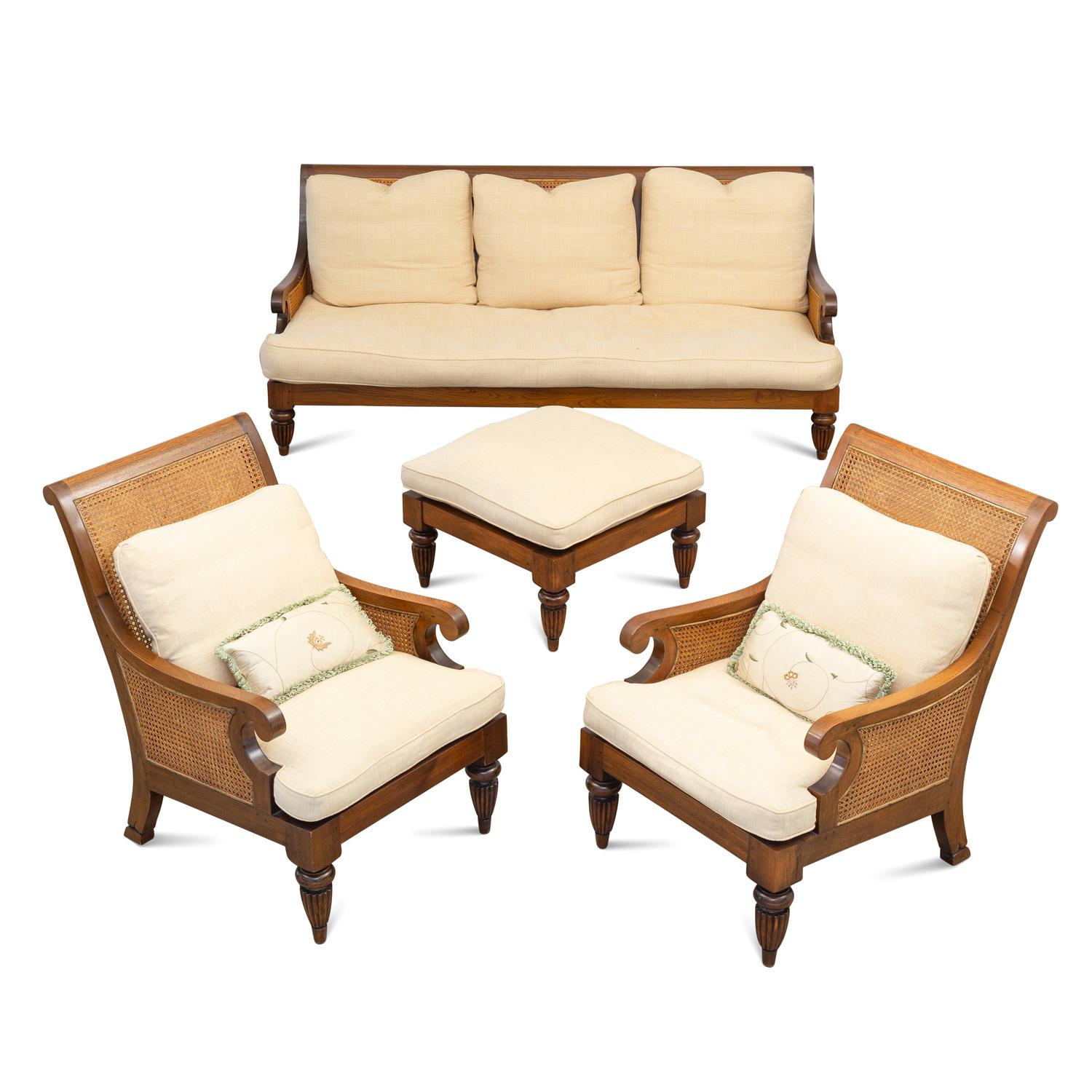 An Anglo-Colonial Style Teak and Cane Four-Piece Seating Suite