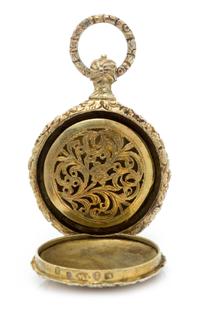 An English Silver-Gilt Vinaigrette, Maker's Mark JW, the case in the form of a pocket watch and decorated with floral sprays and bandin