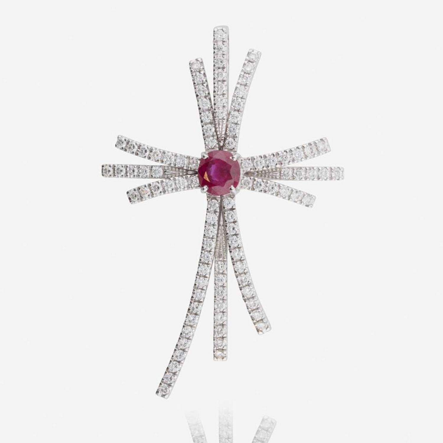 Ruby, Diamond, and 18K White Gold Cross Pendant