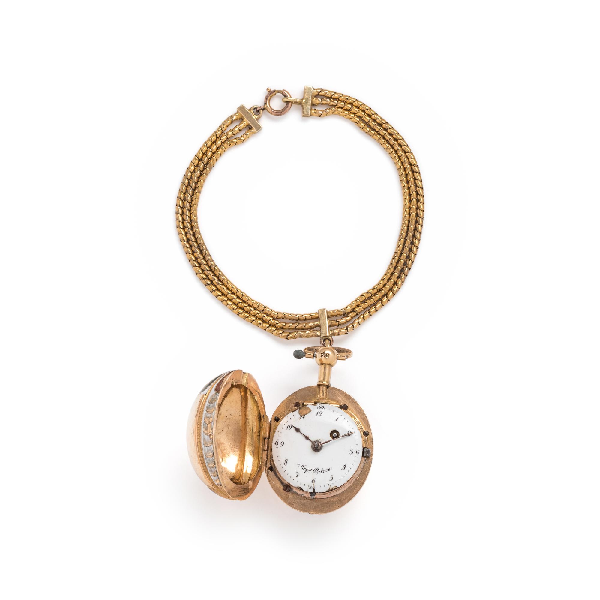 ANTIQUE, YELLOW GOLD AND ENAMEL HUNTER CASE POCKET WATCH AND BRACELET