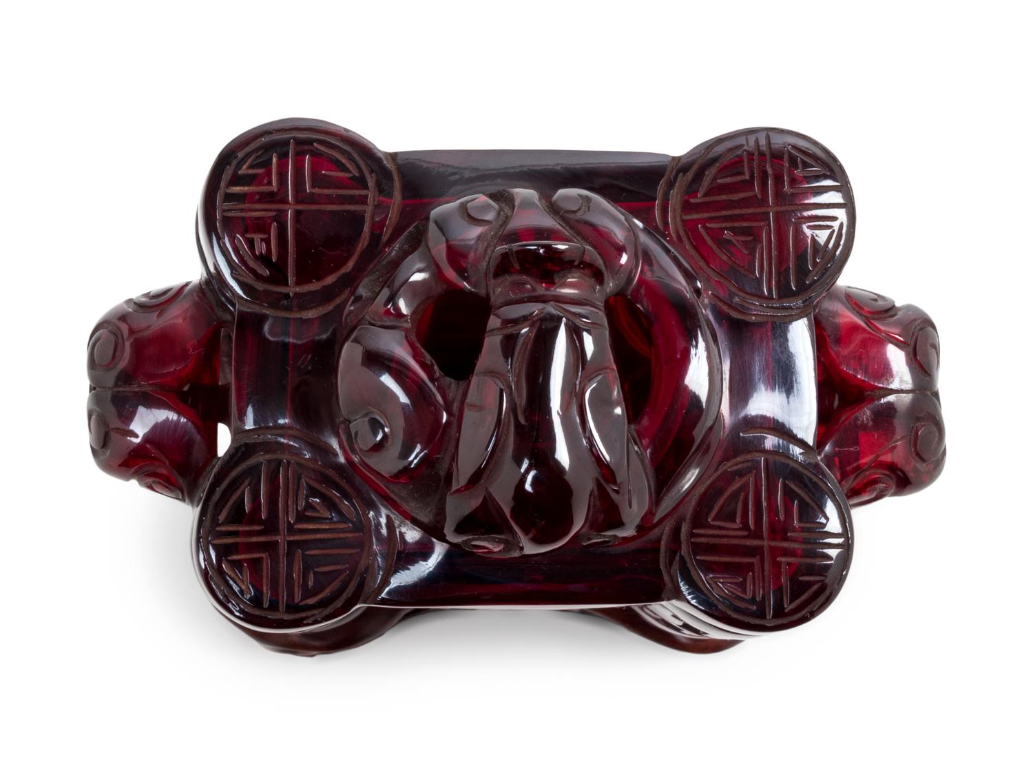 A Transparent Ruby-Red Plastic Imitating Glass Archaistic Incense Burner and Cover, Tulu