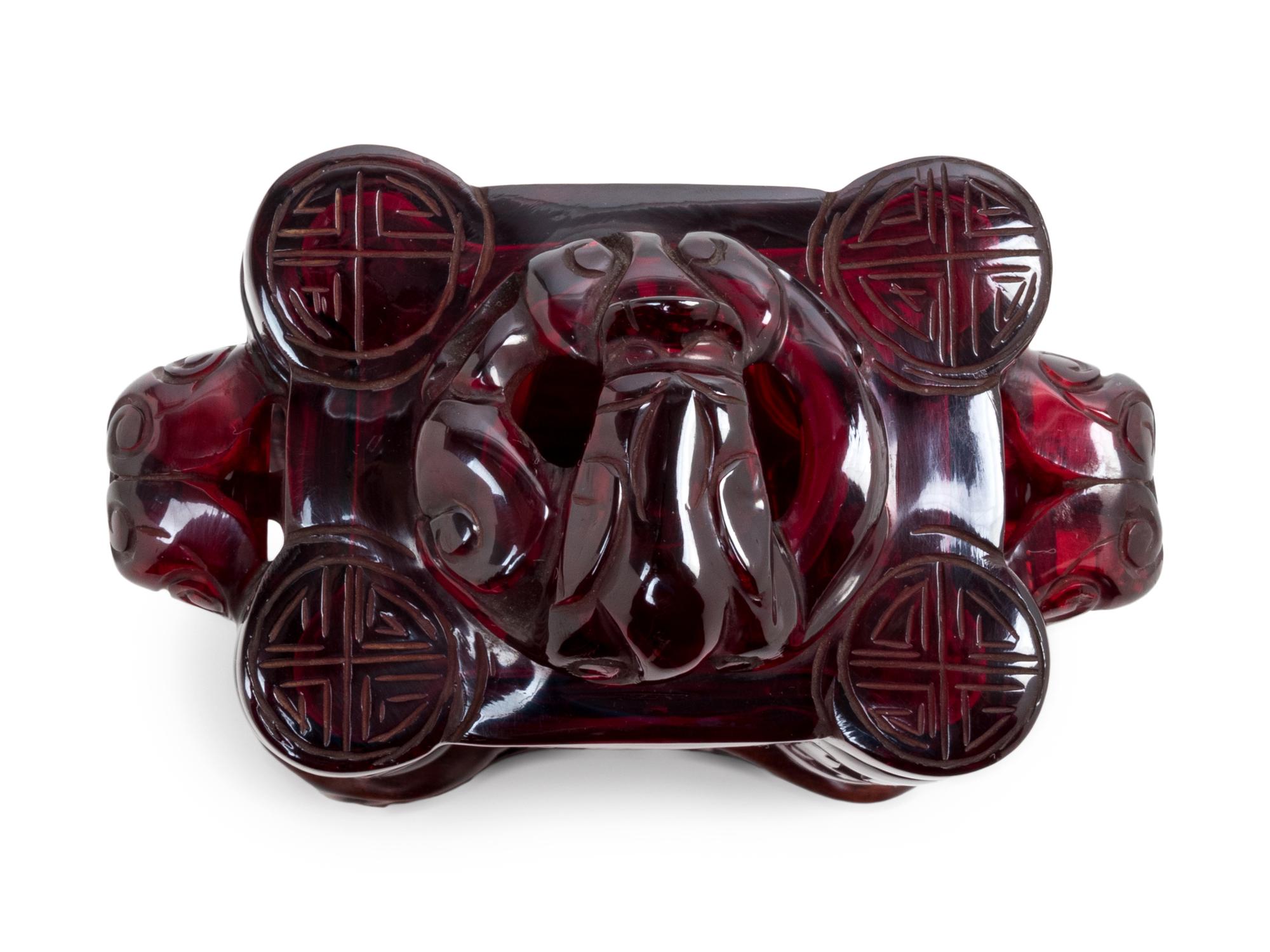 A Transparent Ruby-Red Plastic Imitating Glass Archaistic Incense Burner and Cover, Tulu