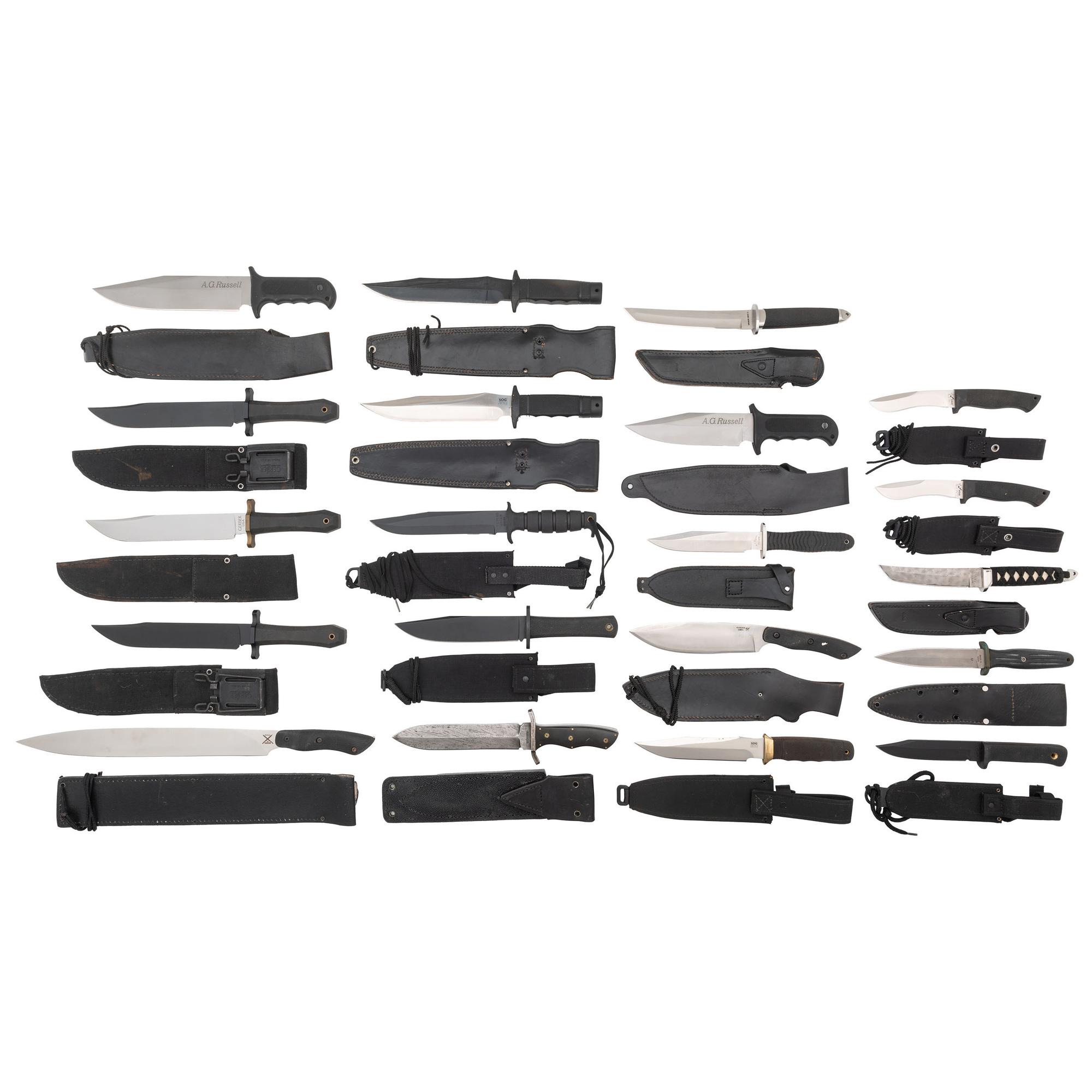 Lot of 20 Modern Tactical and Survival Knives, including Cold Steel, Gerber, SOG and Blackjack