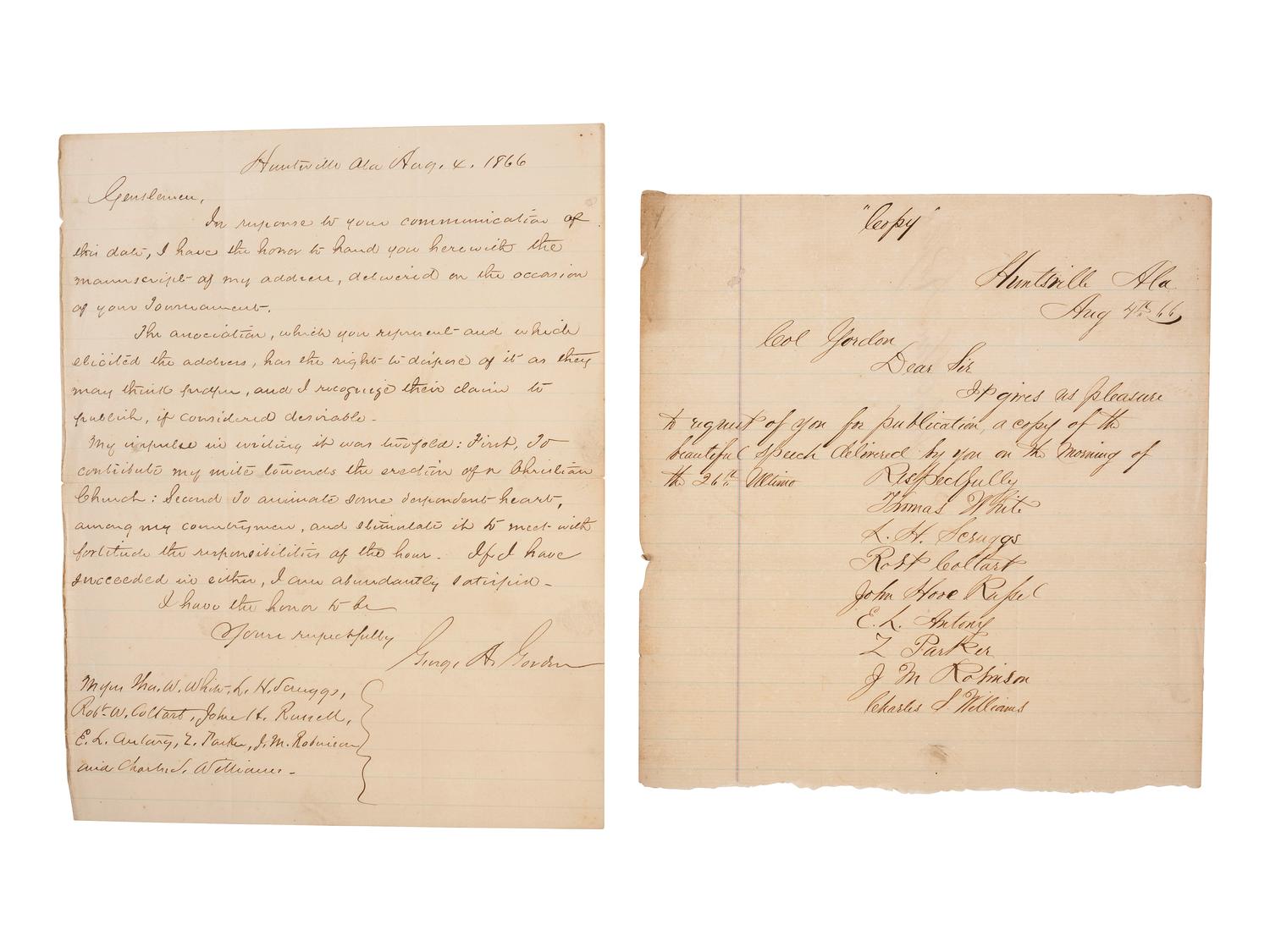 [CIVIL WAR]. A group of 4 items related to Colonel George A. Gordon, 1st and 63rd Georgia Infantry, comprising: