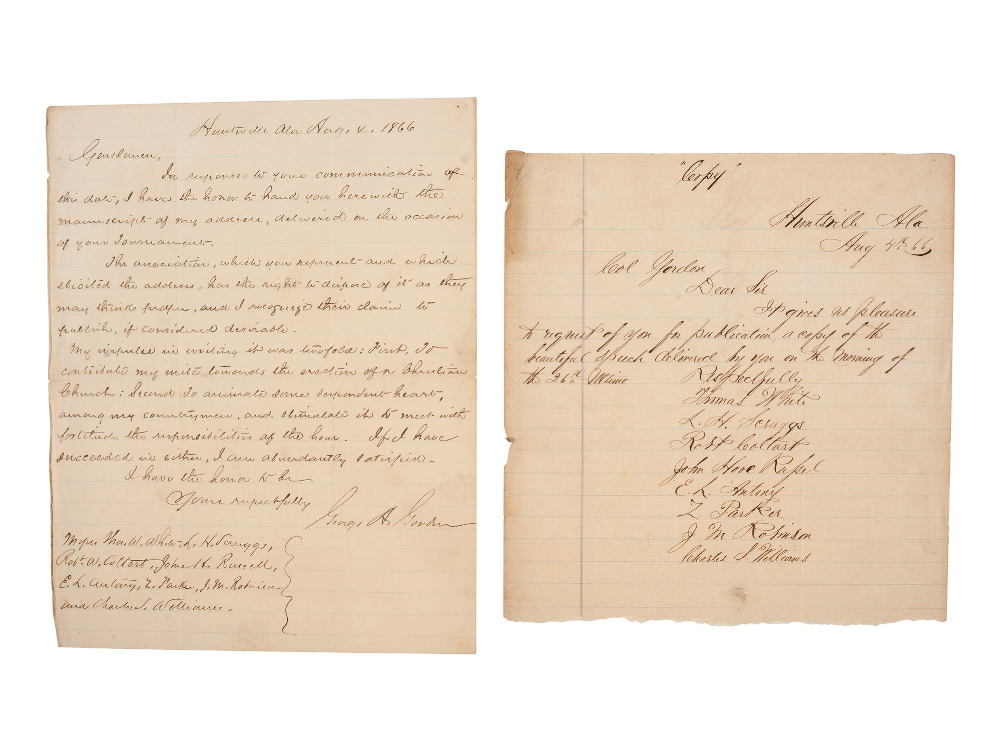 [CIVIL WAR]. A group of 4 items related to Colonel George A. Gordon, 1st and 63rd Georgia Infantry, comprising: