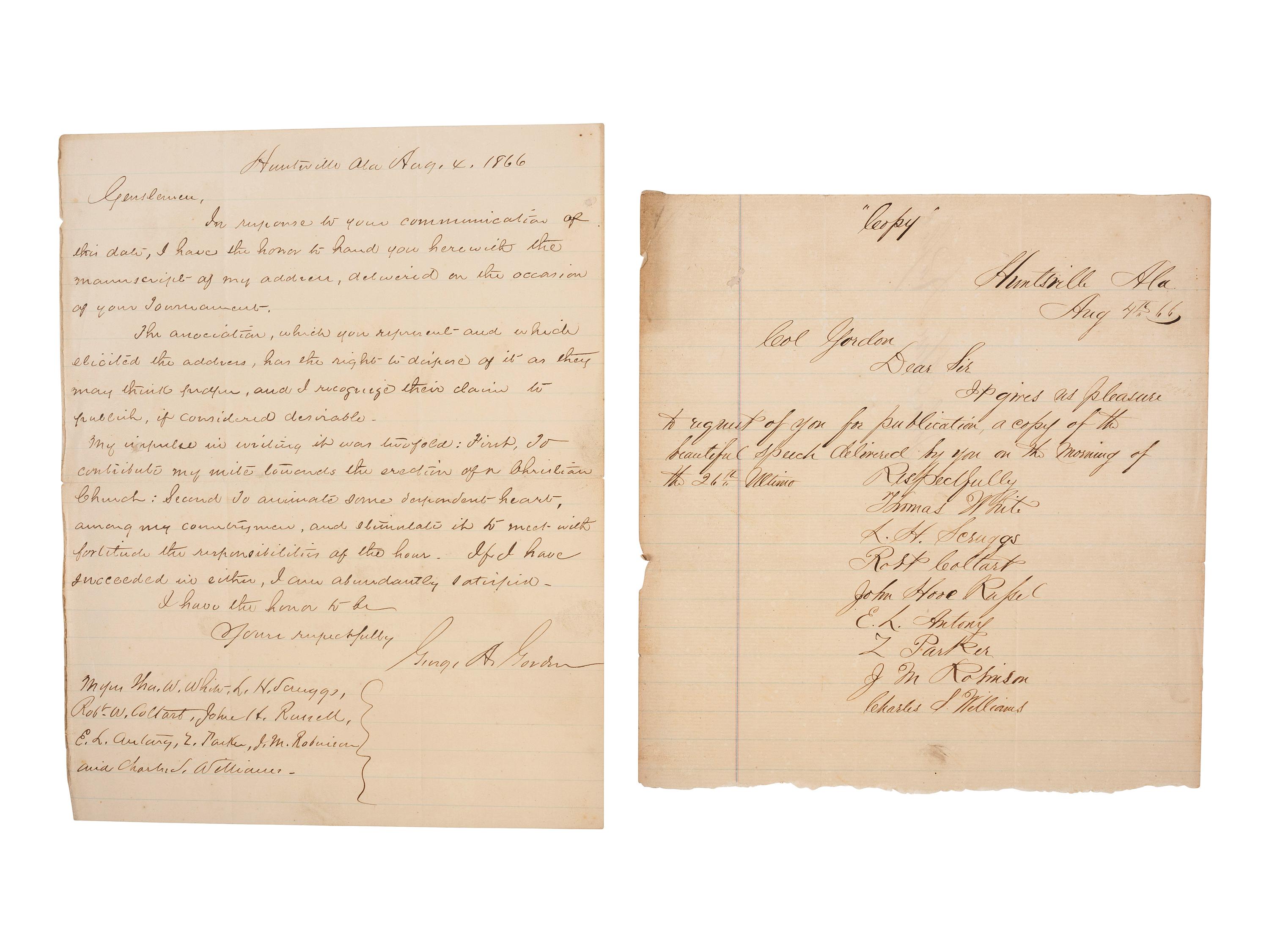[CIVIL WAR]. A group of 4 items related to Colonel George A. Gordon, 1st and 63rd Georgia Infantry, comprising: