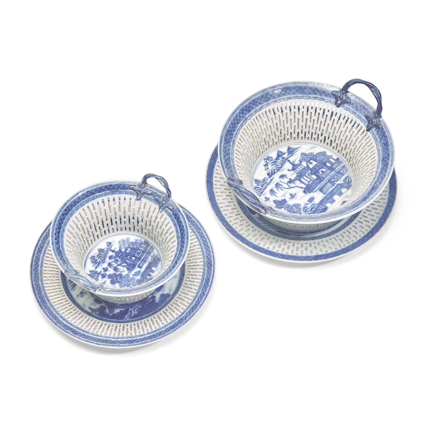 Two Chinese Export Porcelain Blue Fitzhugh Round Reticulated Chestnut Baskets and Stands