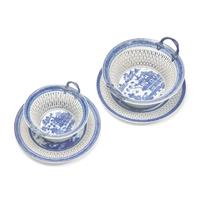 Two Chinese Export Porcelain Blue Fitzhugh Round Reticulated Chestnut Baskets and Stands