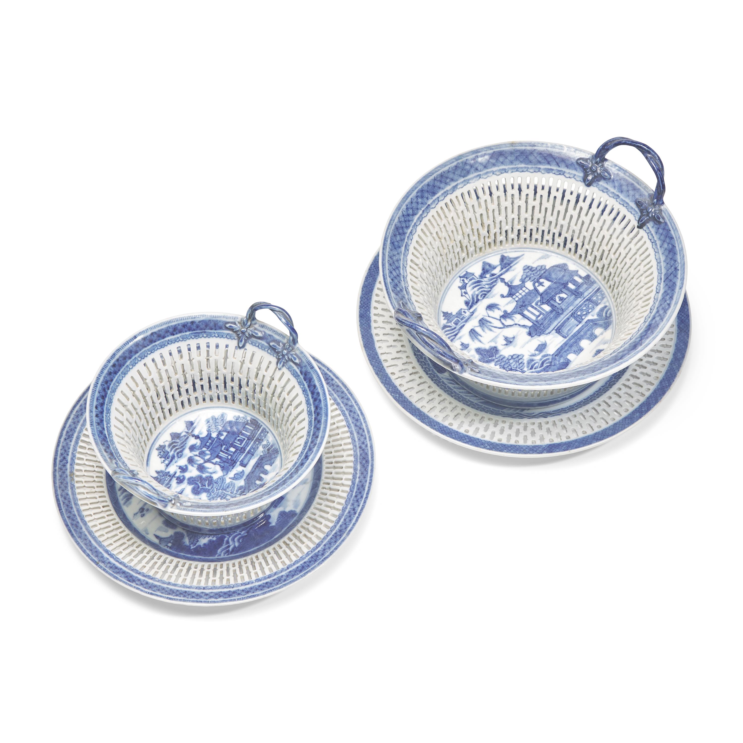 Two Chinese Export Porcelain Blue Fitzhugh Round Reticulated Chestnut Baskets and Stands