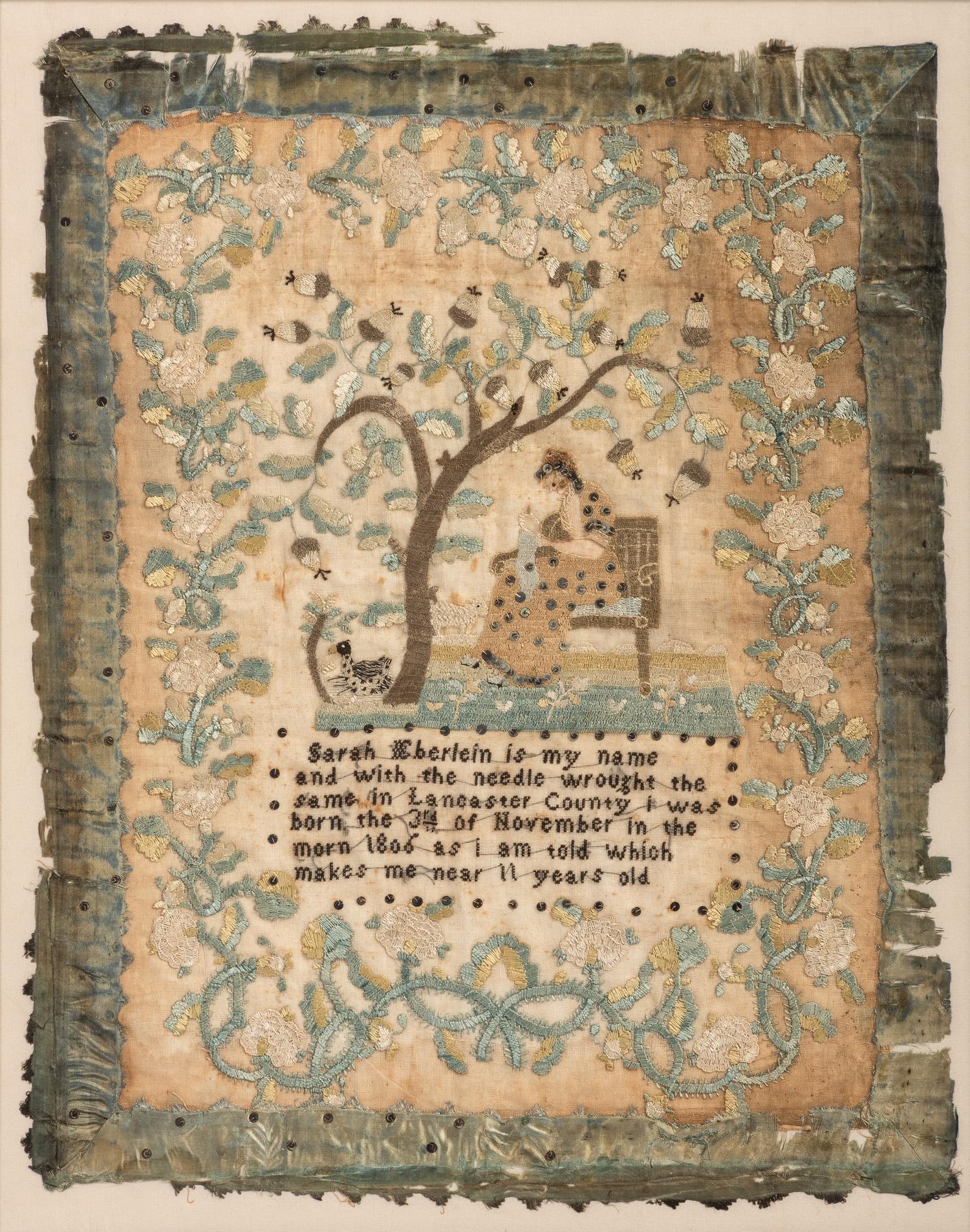 A Lancaster County Needlework Sampler, Likely from the School of Leah Bratten Galligher Meguier