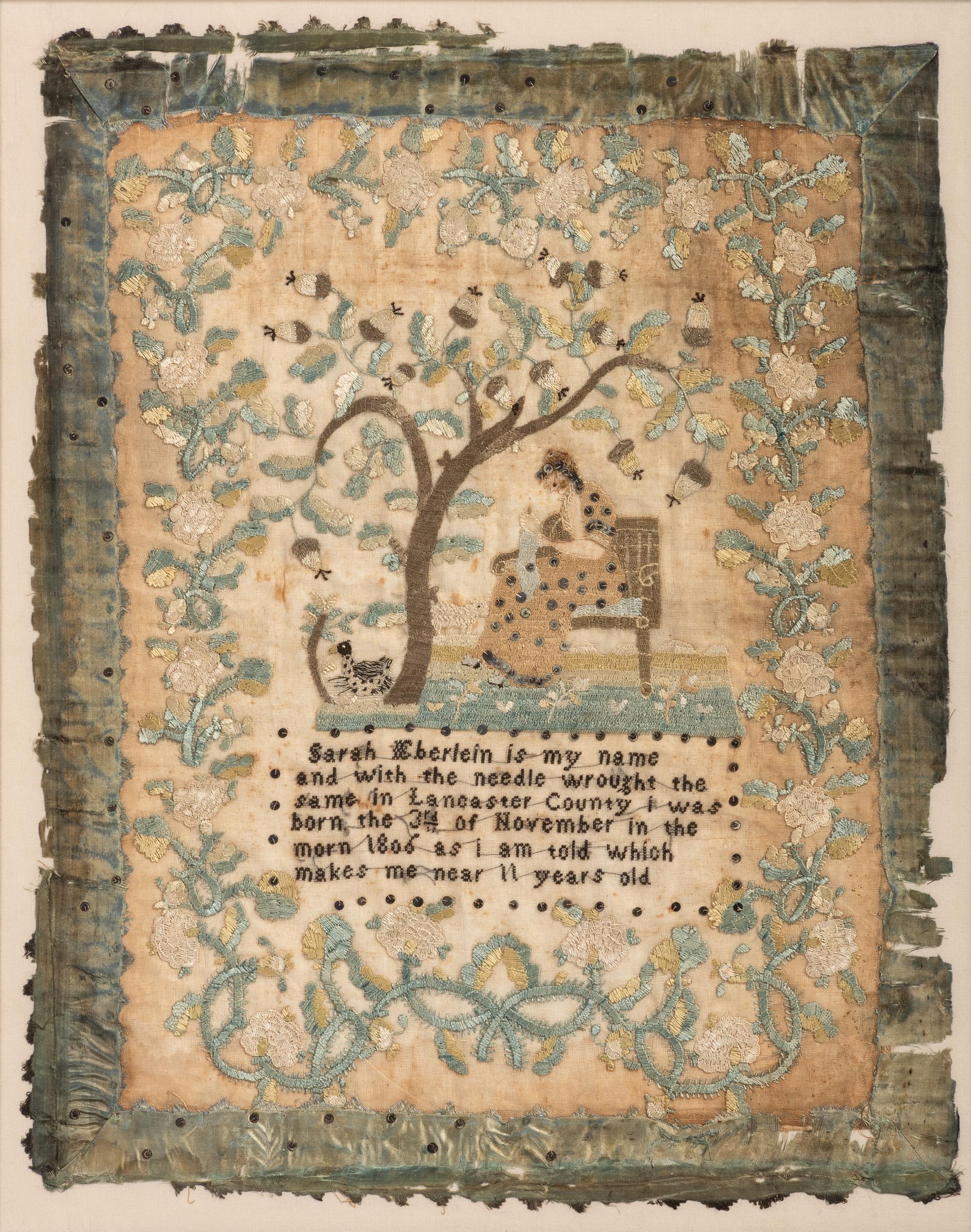 A Lancaster County Needlework Sampler, Likely from the School of Leah Bratten Galligher Meguier