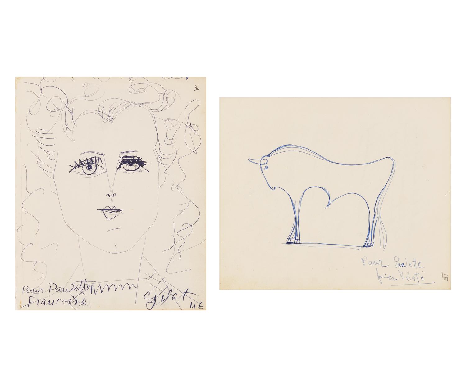 Françoise Gilot (French, 1921-2023) Together with Javier Vilató (Spanish, 1921-2000) — Feuillets du Livre d'Or de 'Chez Paulette' , 1946 (A Pair of Works)