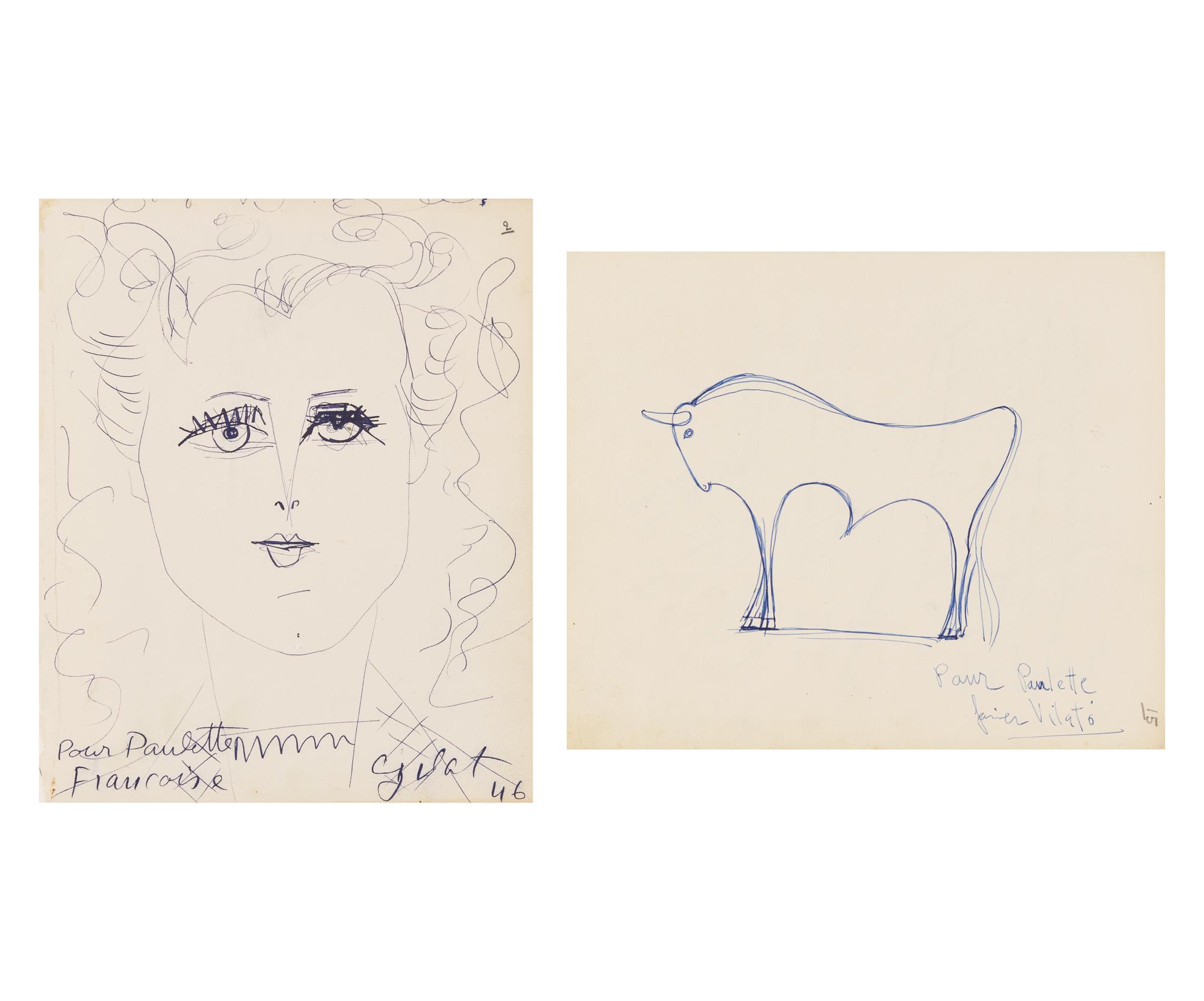Françoise Gilot (French, 1921-2023) Together with Javier Vilató (Spanish, 1921-2000) — Feuillets du Livre d'Or de 'Chez Paulette' , 1946 (A Pair of Works)