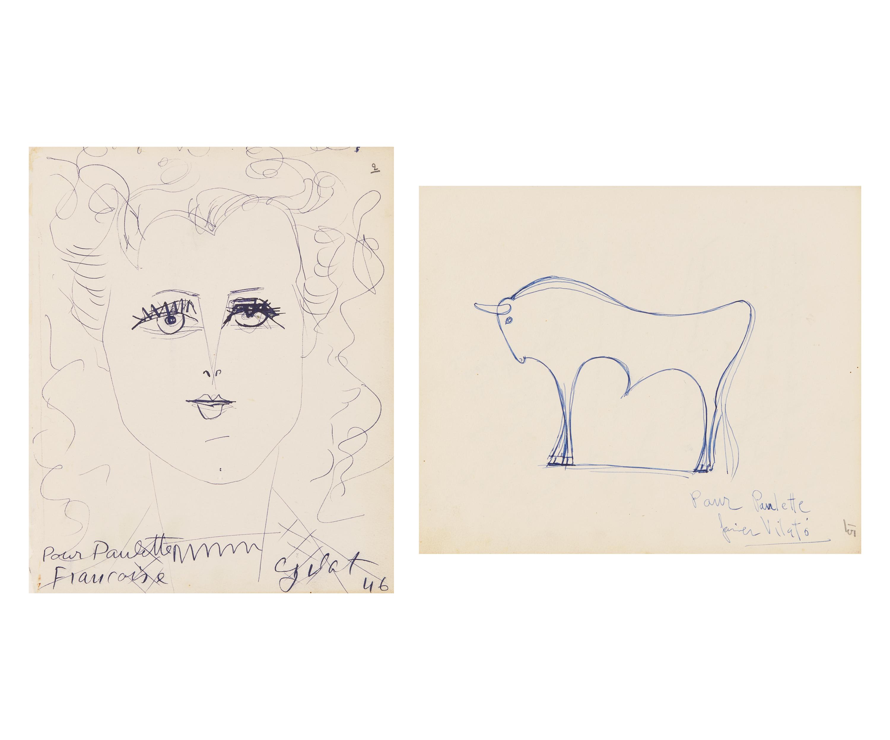 Françoise Gilot (French, 1921-2023) Together with Javier Vilató (Spanish, 1921-2000) — Feuillets du Livre d'Or de 'Chez Paulette' , 1946 (A Pair of Works)