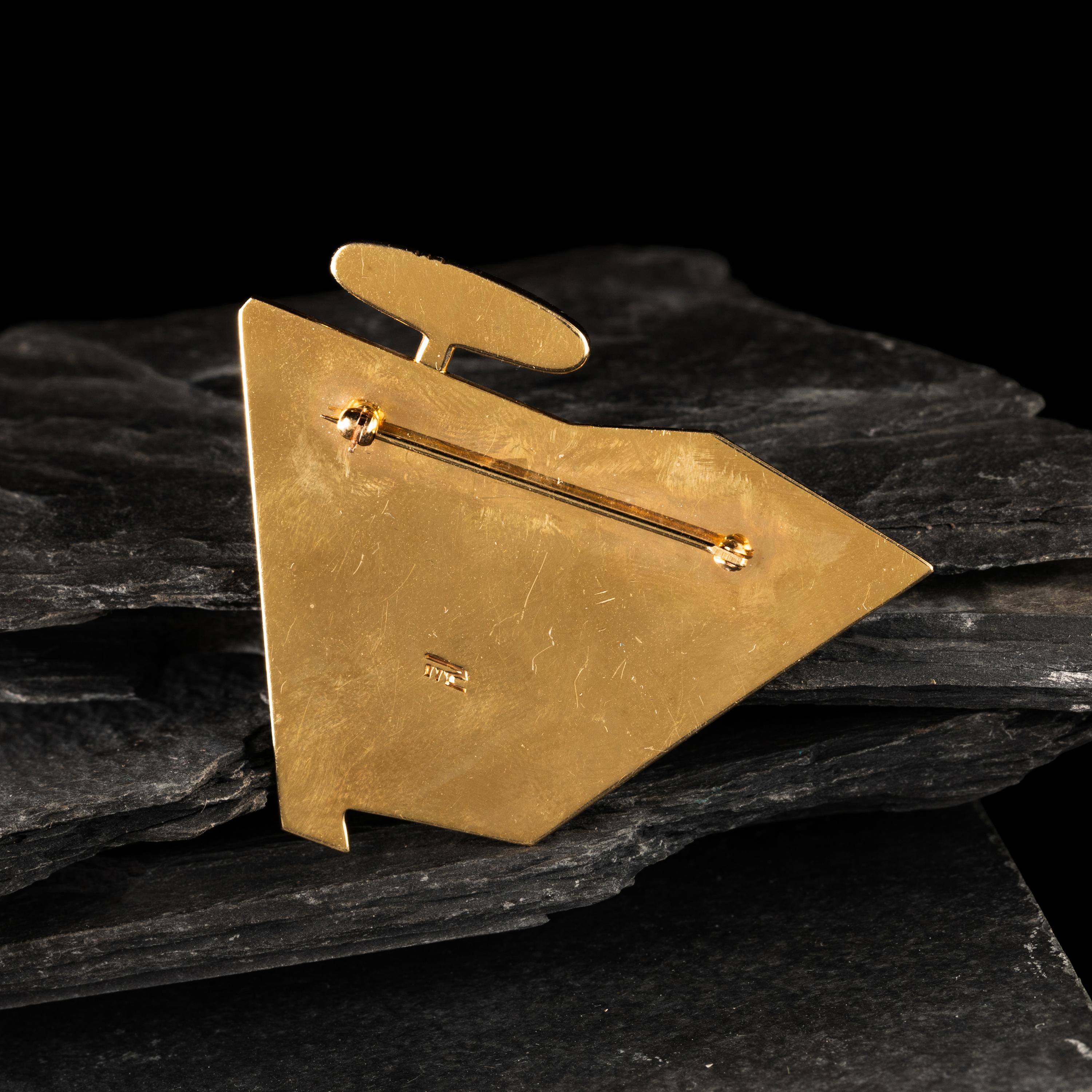 Richard Chavez (San Felipe, b. 1949) — Yellow Gold, Coral, Turquoise, and Black Jade Abstract Figural Brooch