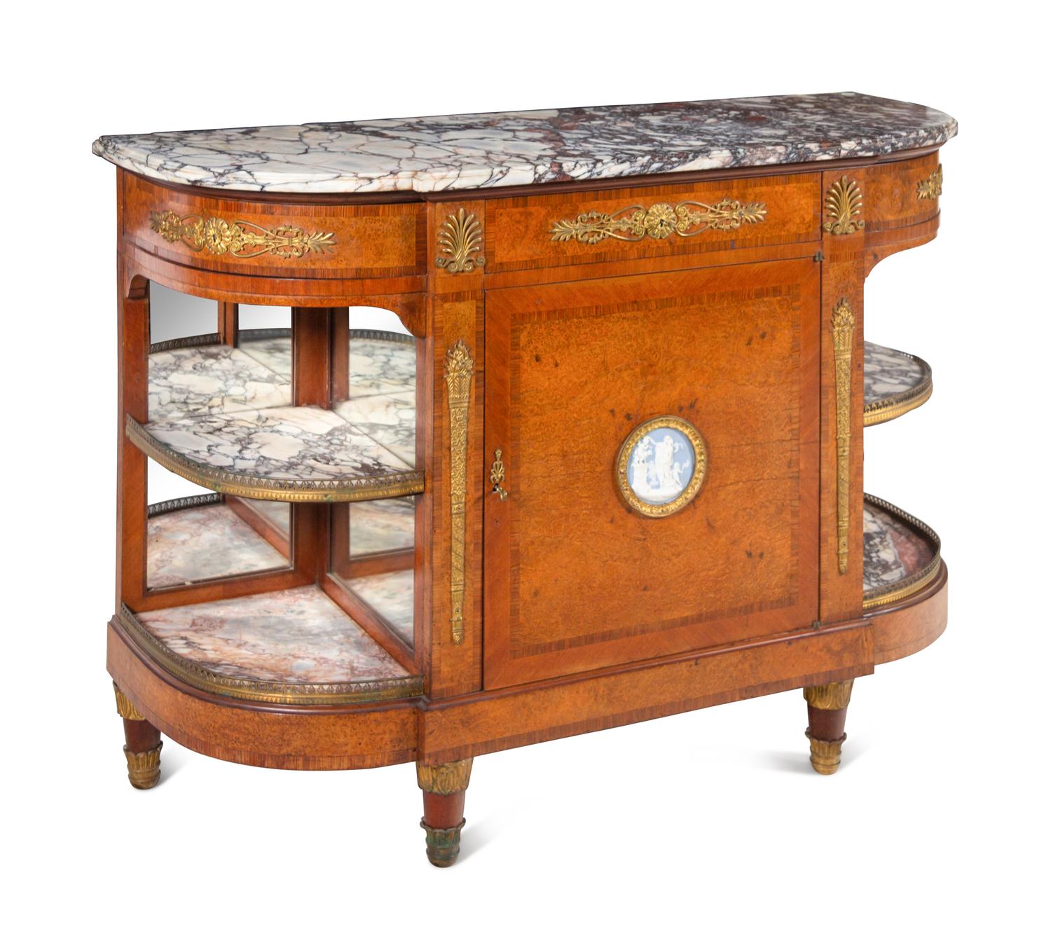 A French Gilt Bronze and Jasperware Mounted Burlwood Dining Suite