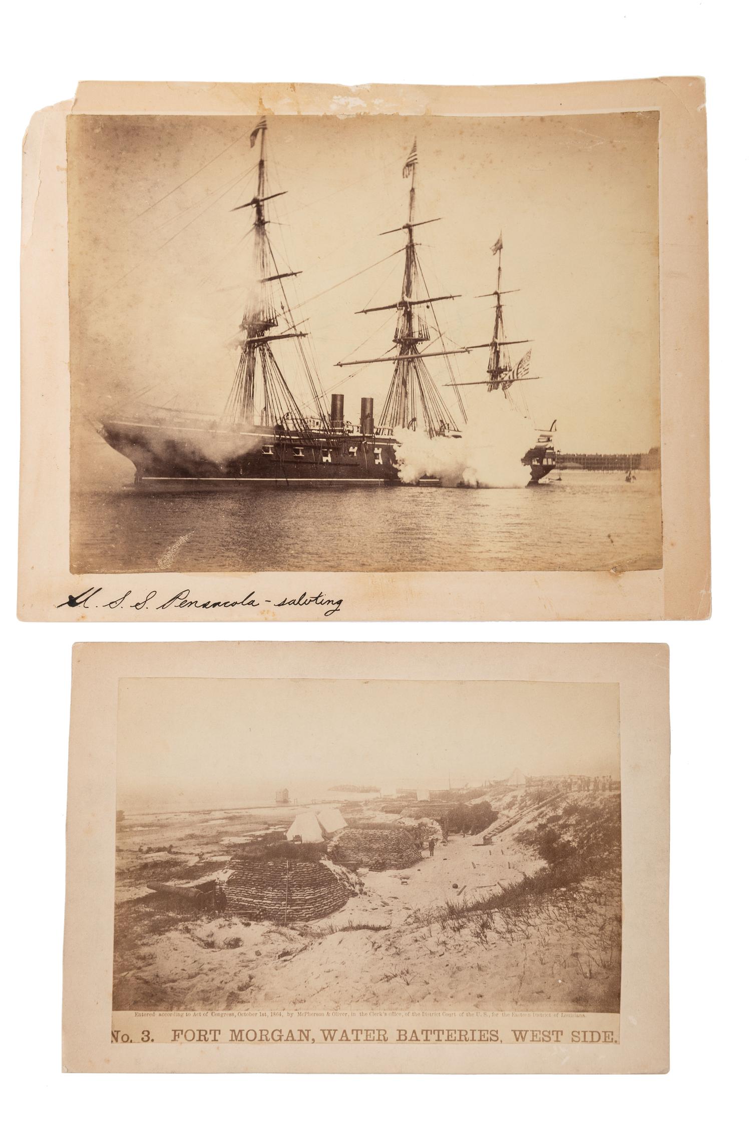 [CIVIL WAR]. A group of 5 items regarding Civil War naval operations, incl. photographs of Fort Morgan and the USS Pensacola, and correspondence.