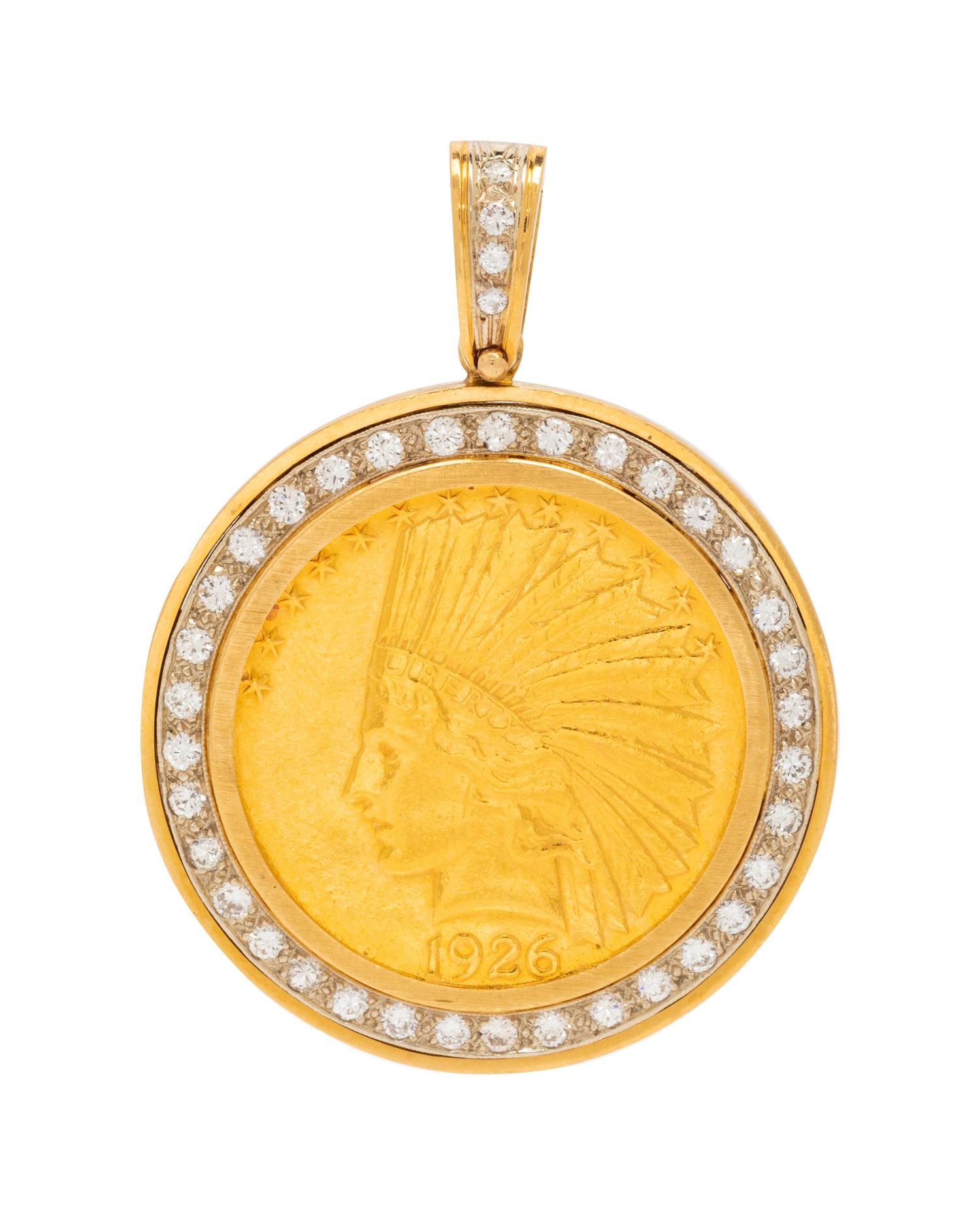 An 18 Karat Yellow Gold, US $10 Coin and Diamond Pendant,