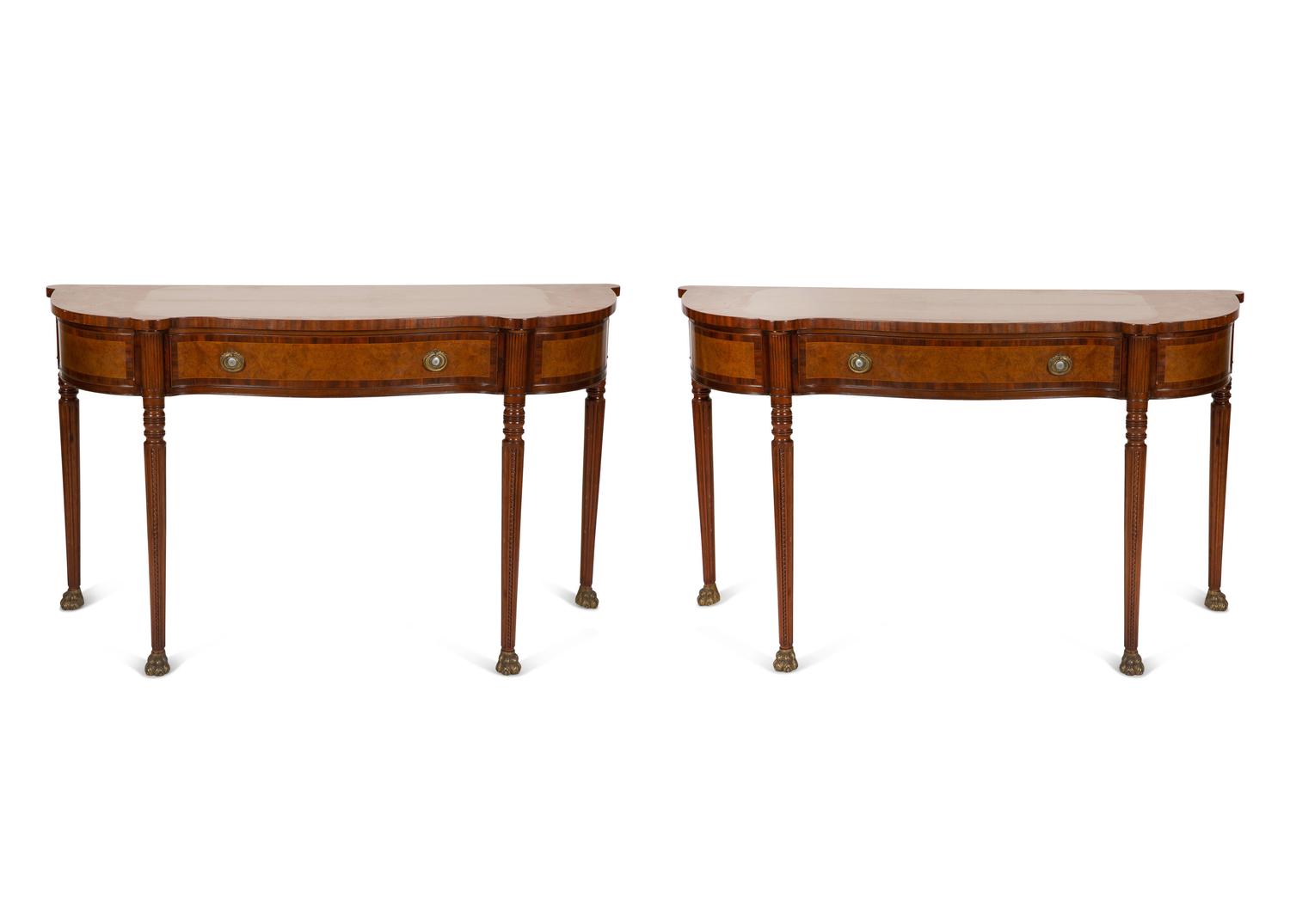 A Pair of Regency Style Mahogany and Maple Veneer Console Tables