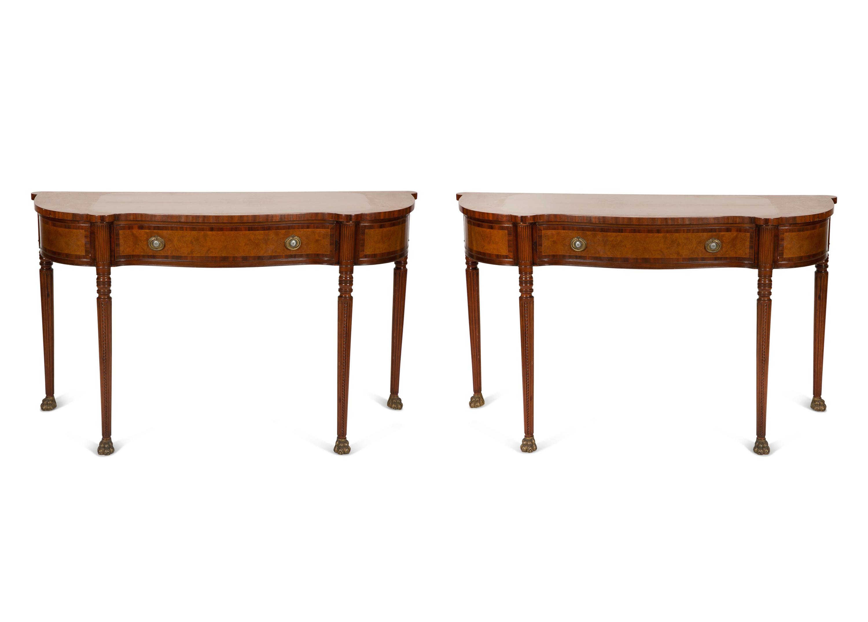 A Pair of Regency Style Mahogany and Maple Veneer Console Tables