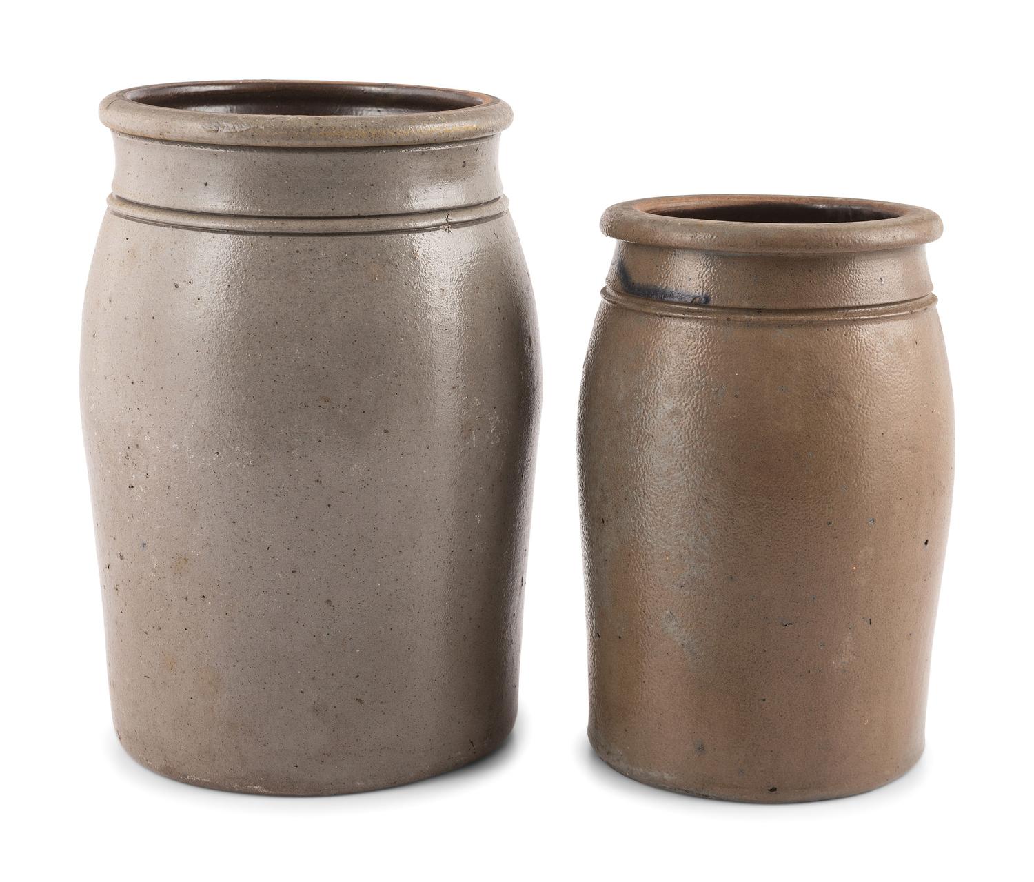 Two Hamilton & Jones Cobalt-Decorated Stoneware Crocks