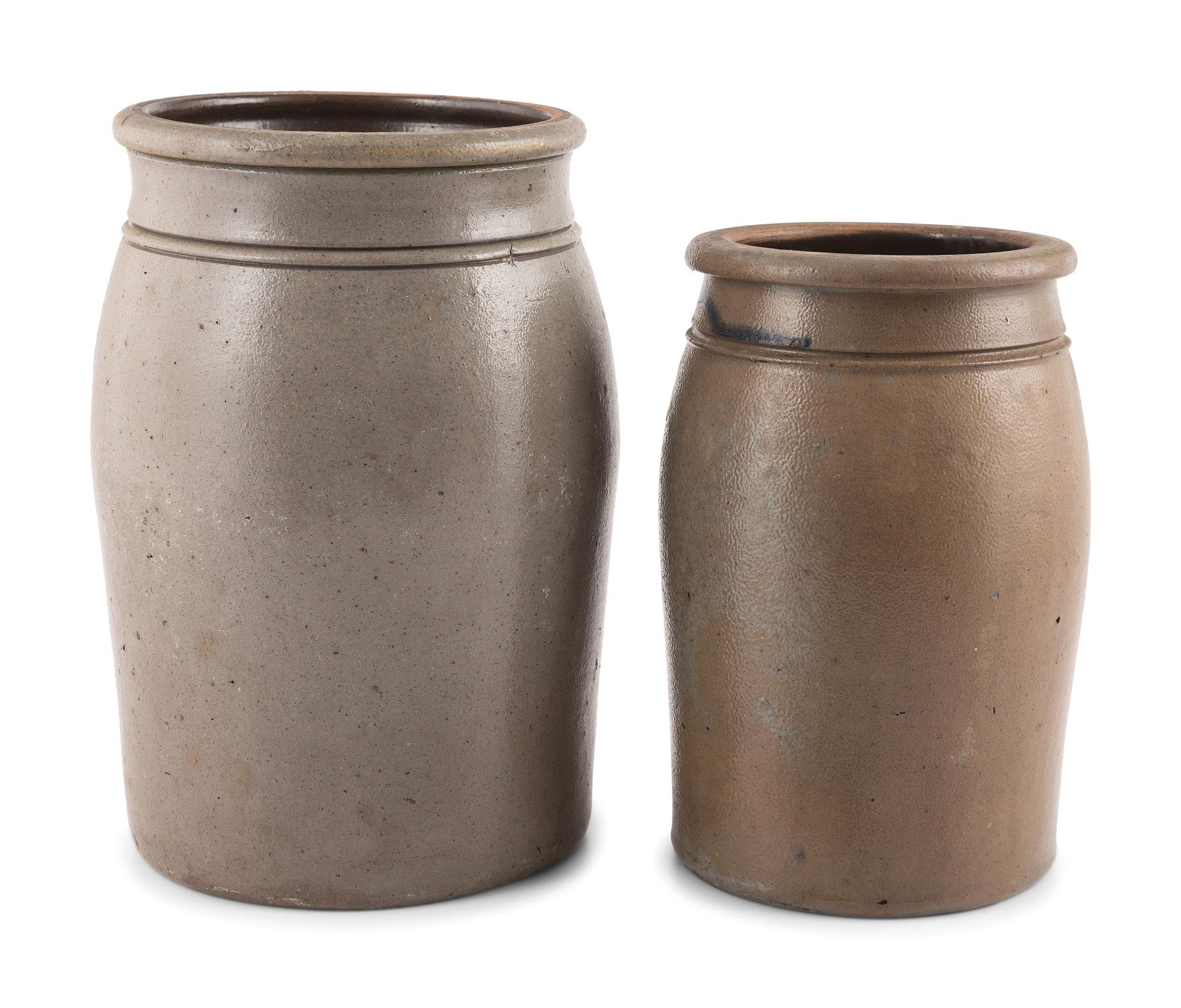 Two Hamilton & Jones Cobalt-Decorated Stoneware Crocks