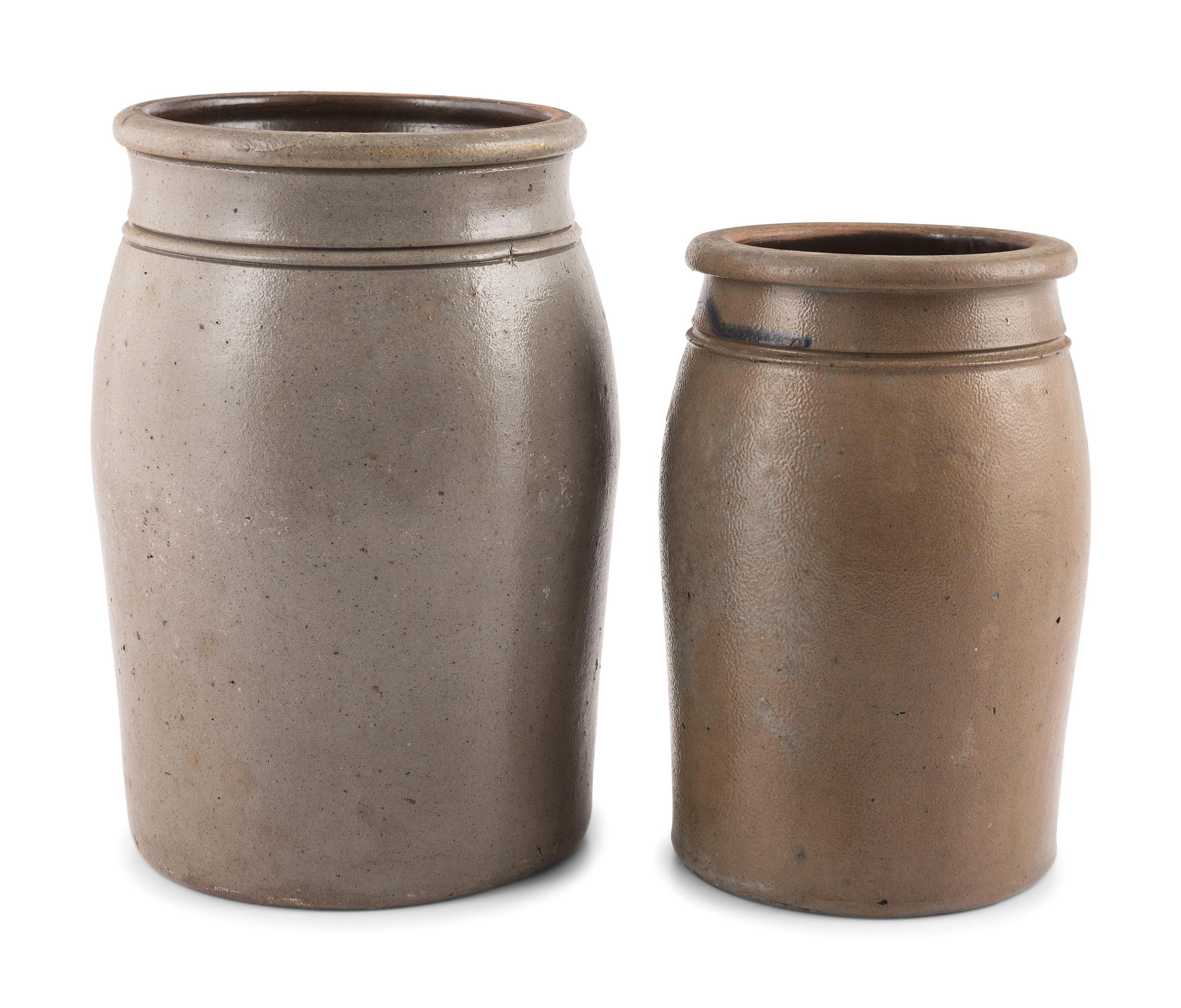 Two Hamilton & Jones Cobalt-Decorated Stoneware Crocks