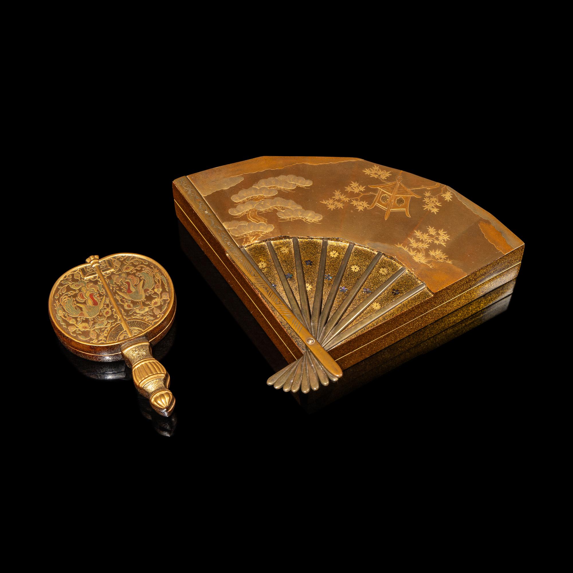 Two Japanese Gold Lacquer Fan-Shape Writing Boxes, Suzuribako, 19th Century