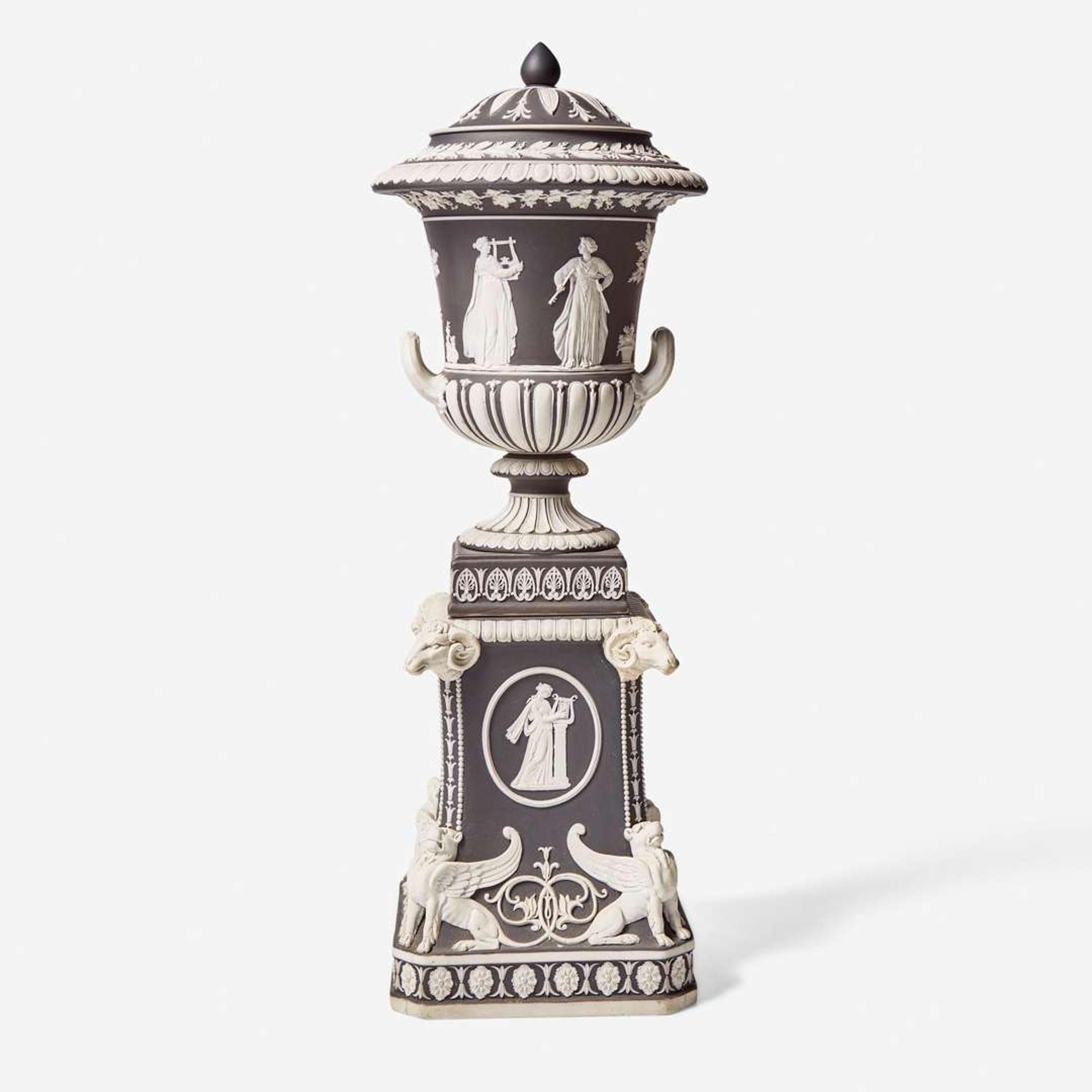 A Wedgwood Black Dip Jasperware Borghese Vase Cover and Stand UK, early 19th century