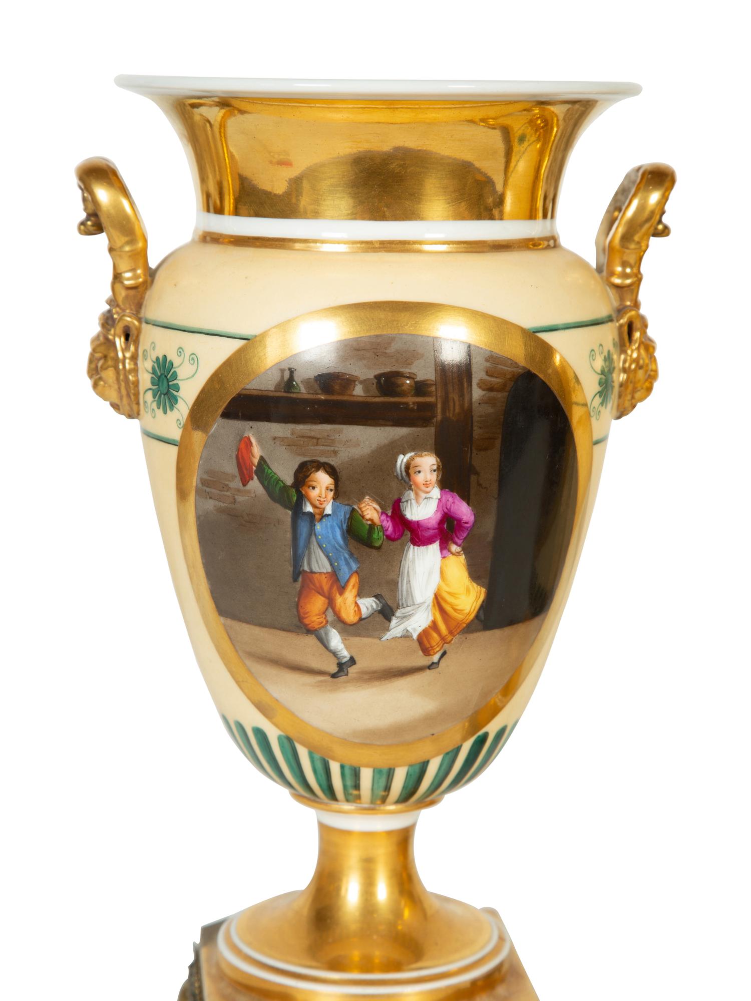 A Pair of Continental Painted Porcelain Urns