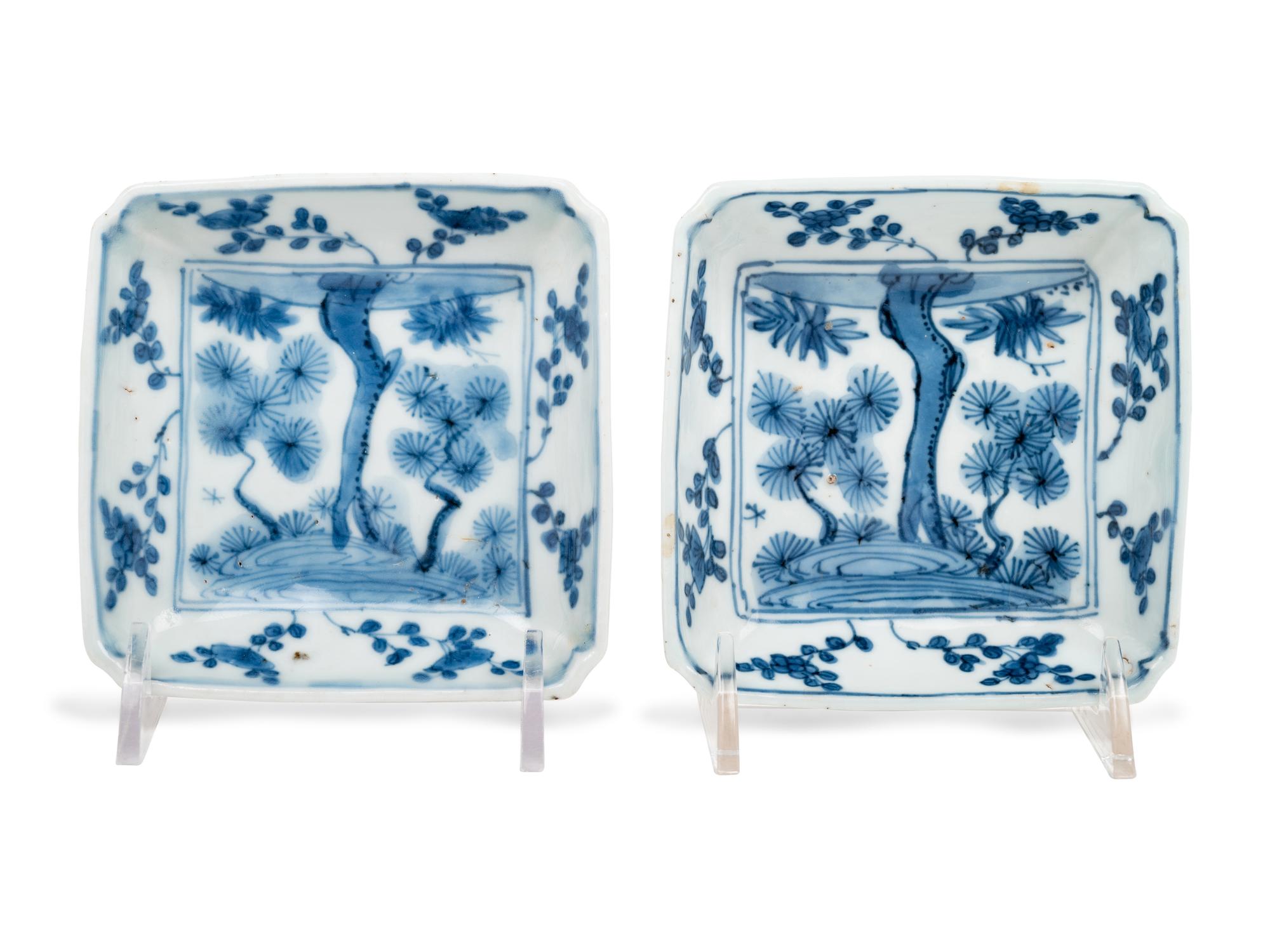 A Pair of Japanese Blue and White Porcelain Square Dishes