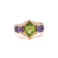 YELLOW GOLD, PERIDOT AND TANZANITE RING