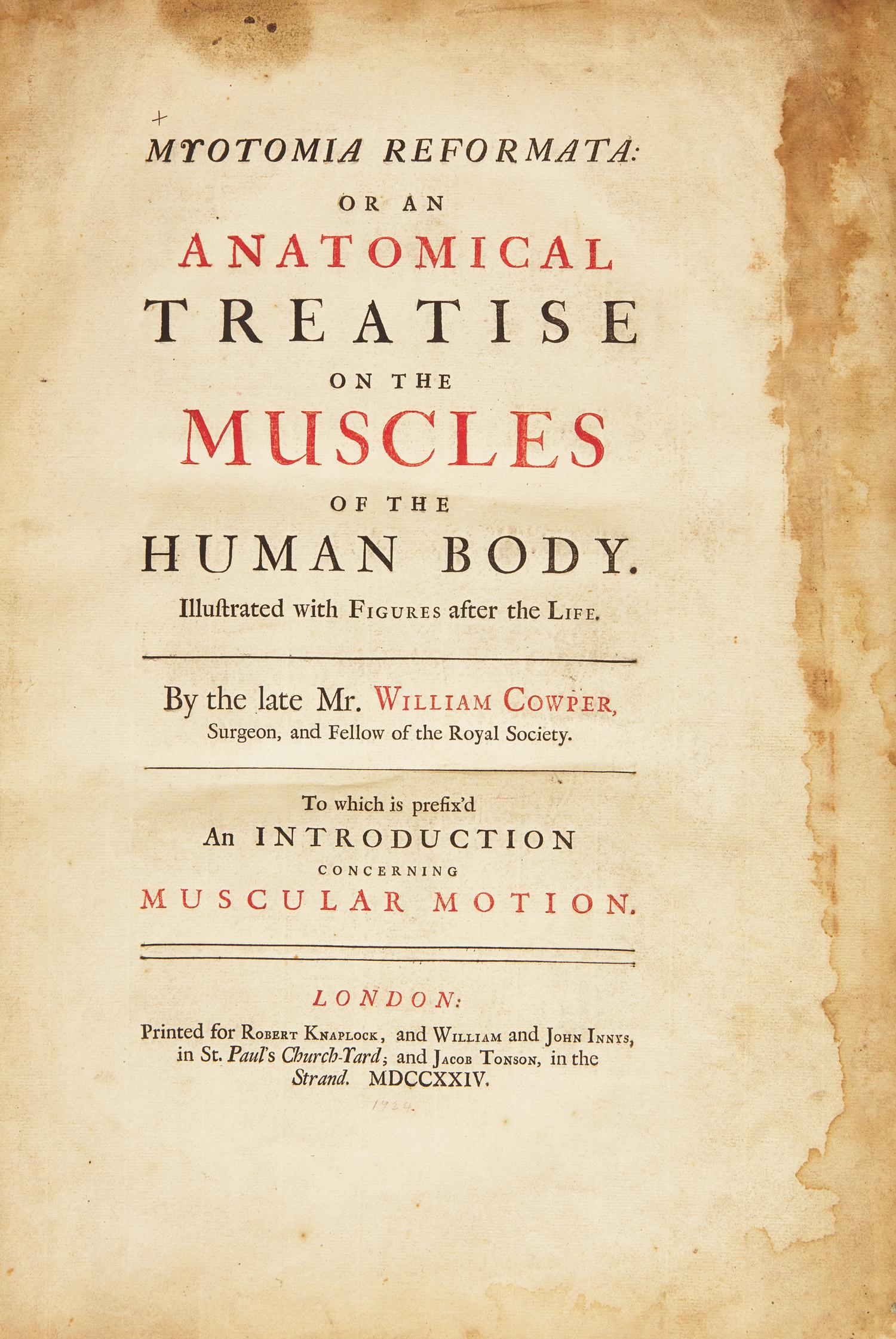 [Science, Medicine & Mathematics] Cowper, William. Myotomia Reformata: Or an Anatomical Treatise on the Muscles of the Human Body