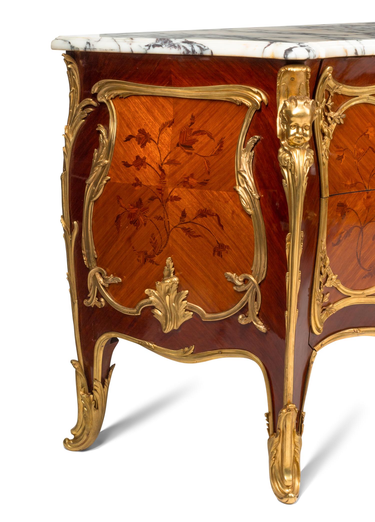 A Pair of Louis XV Style Gilt Bronze Mounted Marquetry Marble-Top Commodes