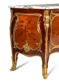 A Pair of Louis XV Style Gilt Bronze Mounted Marquetry Marble-Top Commodes