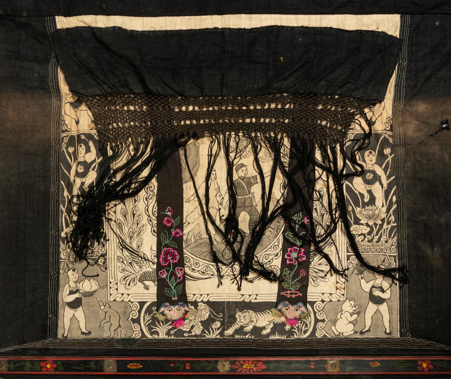 Four Chinese Painted Textile 'Wedding' Panels