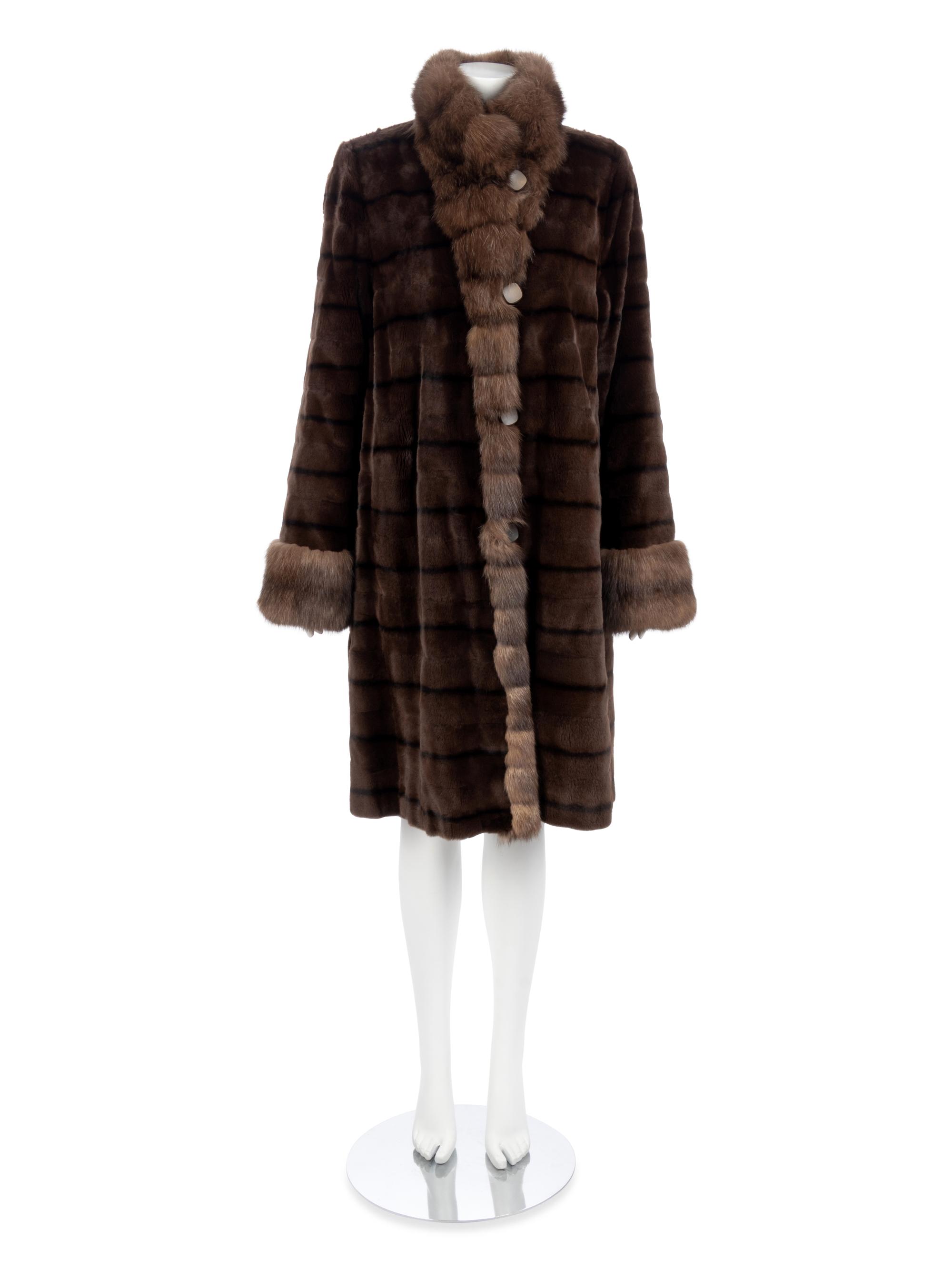 Dennis Basso Brown Reversible Silk with Weasel and Sable Coat, 2000-10s