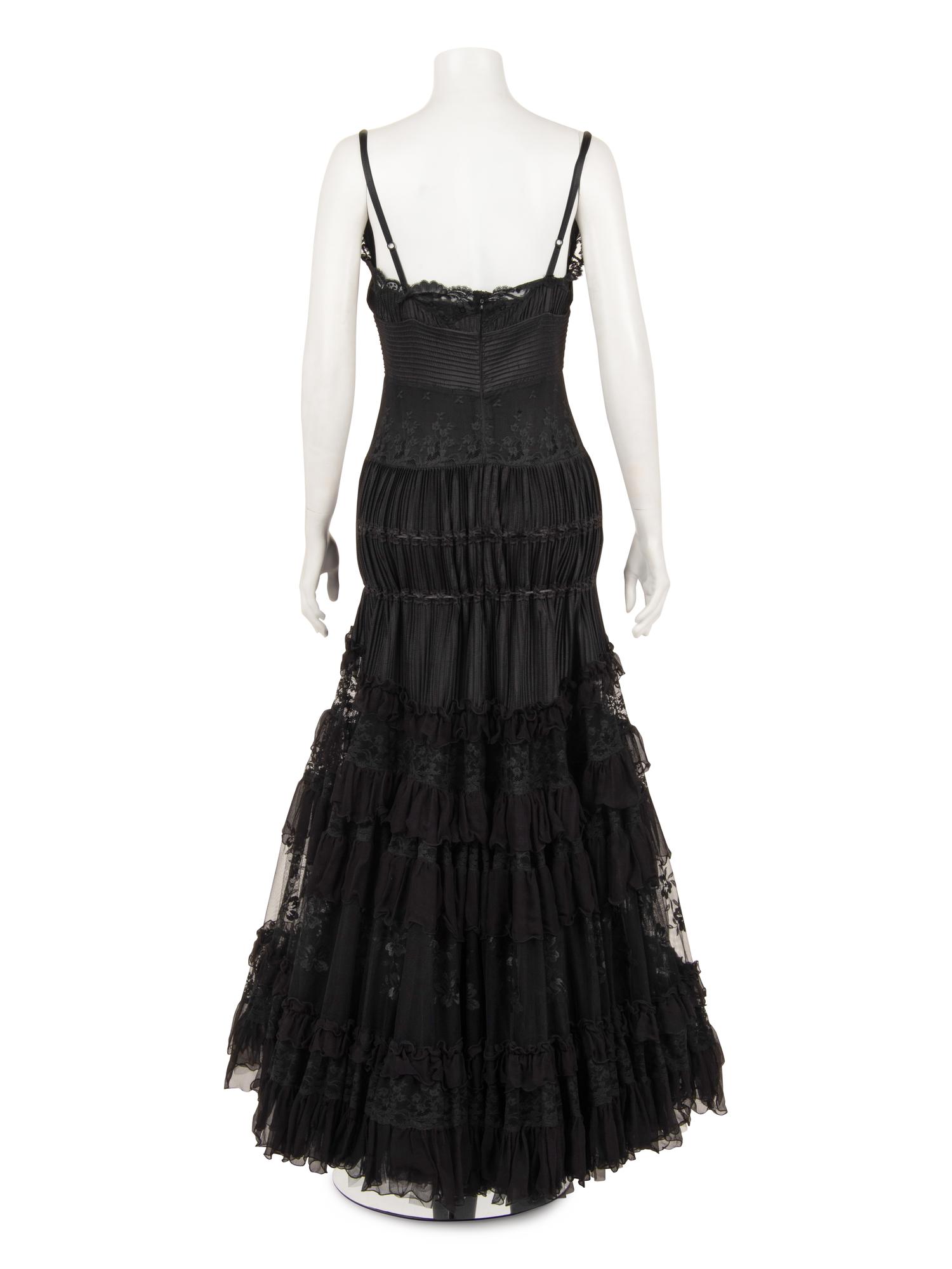 Elie Saab Strapless Evening Dress with Pintucks, Lace, and Ruffles, 2010s
