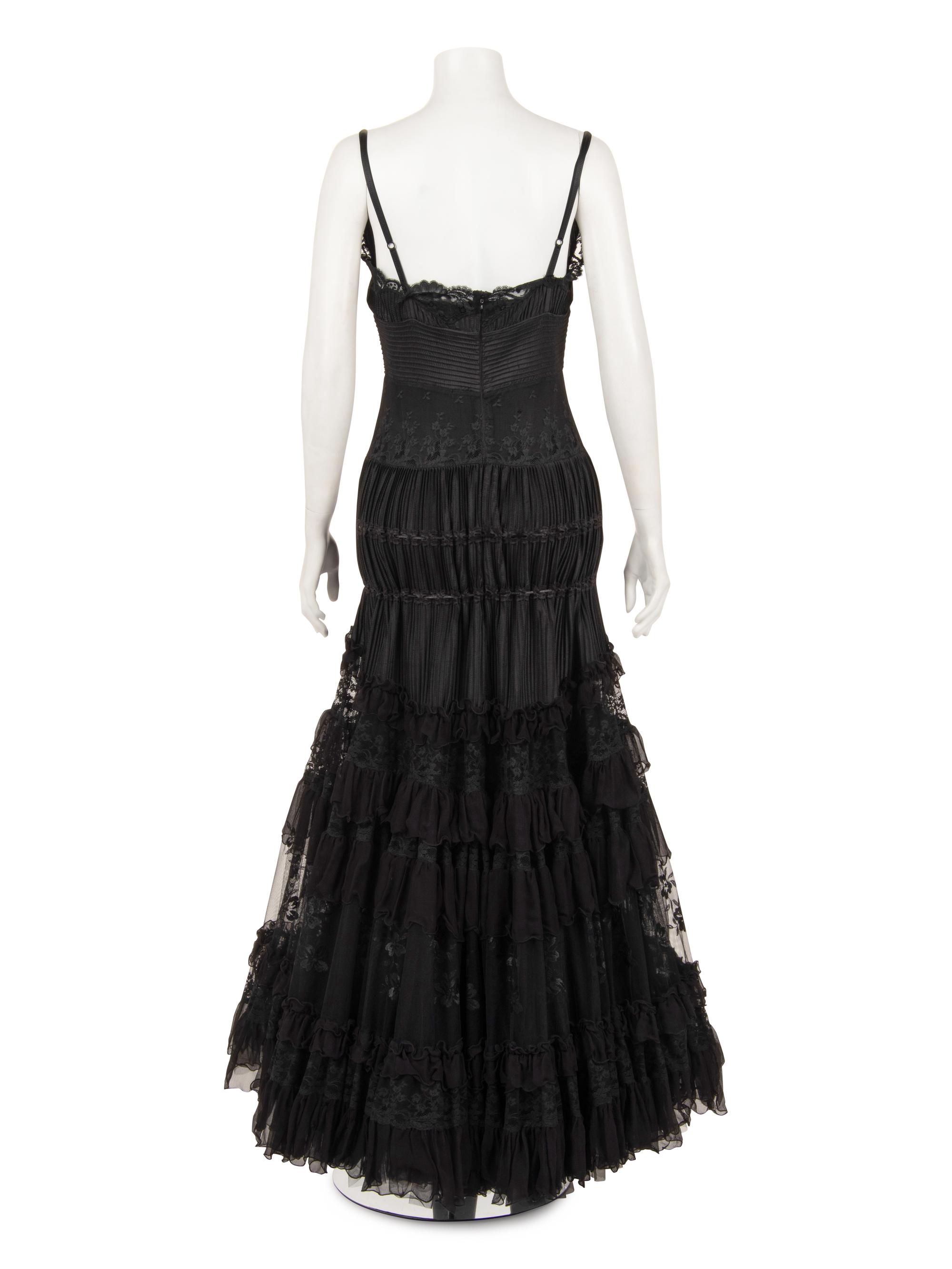 Elie Saab Strapless Evening Dress with Pintucks, Lace, and Ruffles, 2010s